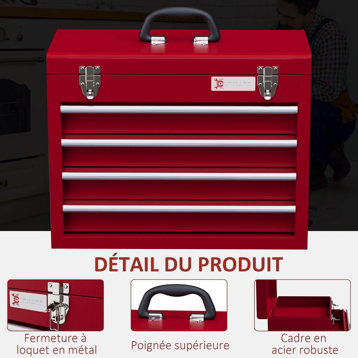 Thumbnail 2 de DURHAND Boite à outils métallique 4 tiroirs rouge 51x22x39,5 cm