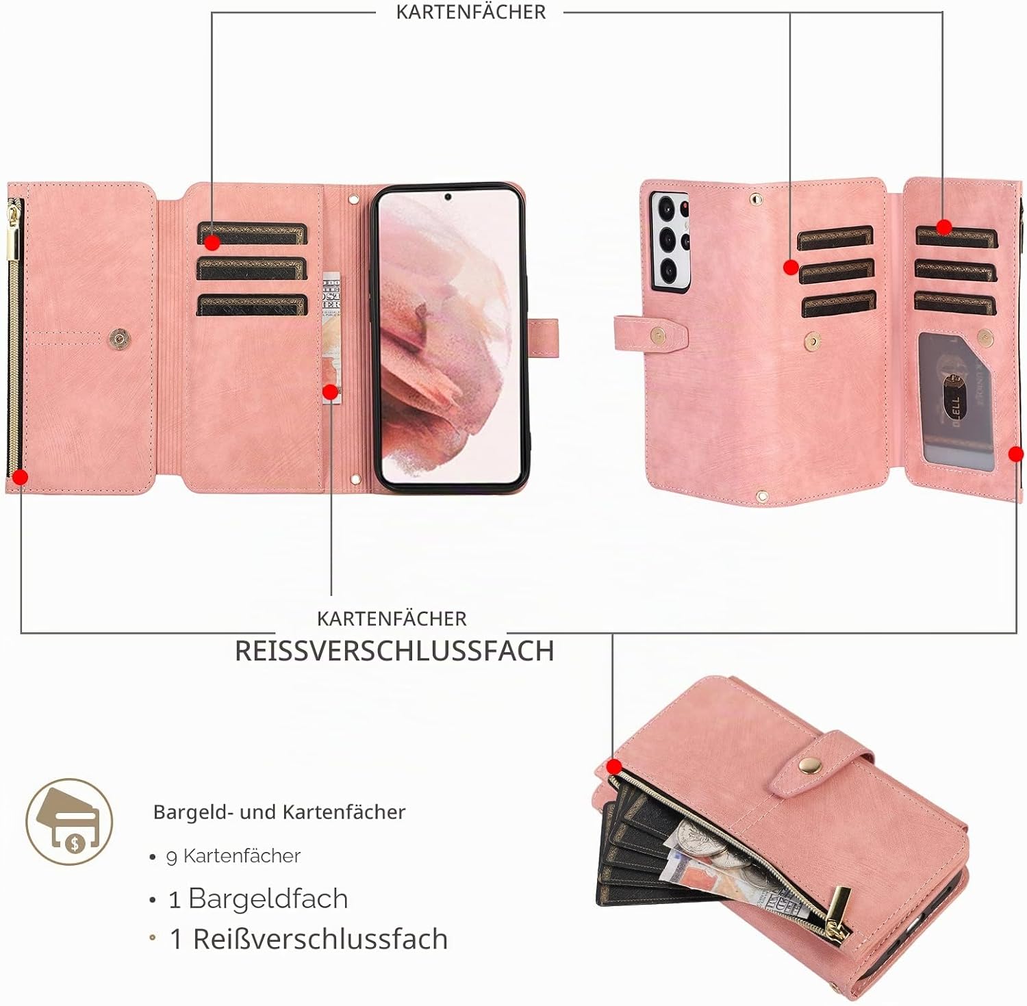 Detalle de UEEBAI Wallet-Hülle für Samsung Galaxy S23 Ultra – Vintage Retro Leder mit 9 Kartenfächern, Umhängegurt, Standfunktion und Reißverschluss in Rosa