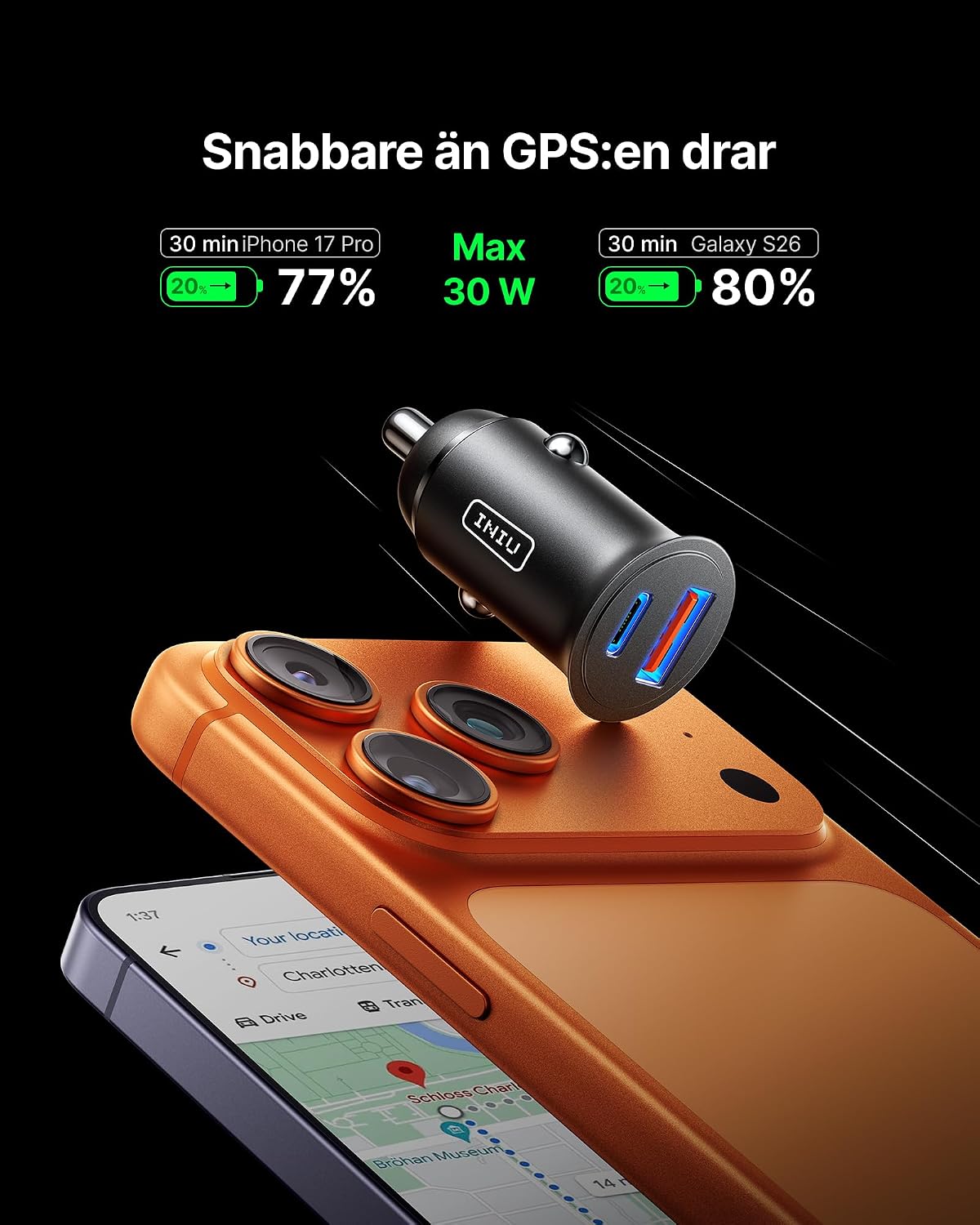 Detalle 2 de INIU 60 W billaddare med USB-C, USB-A och PD/QC 3.0