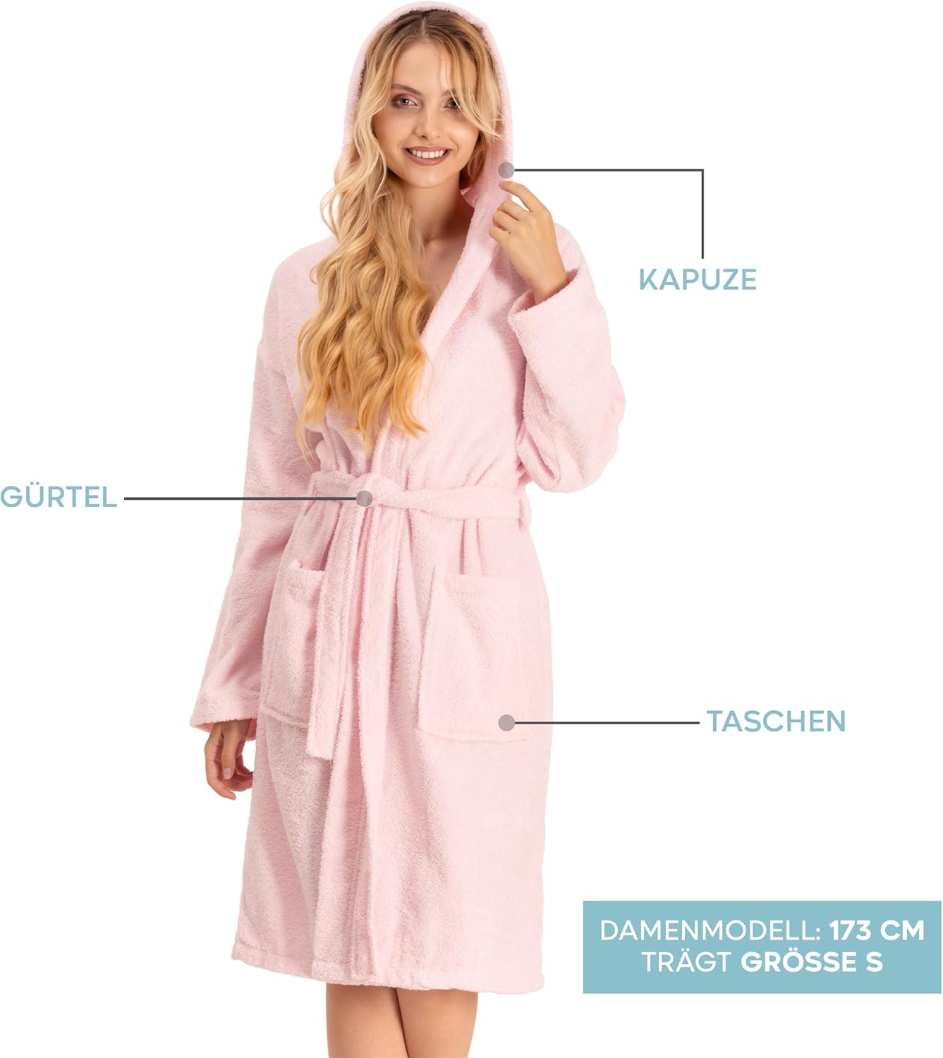 Thumbnail 2 de Twinzen Bademantel Damen – 100% Baumwolle OEKO-TEX® zertifiziert, Kapuze, Gürtel, 2 Taschen, XS–XL
