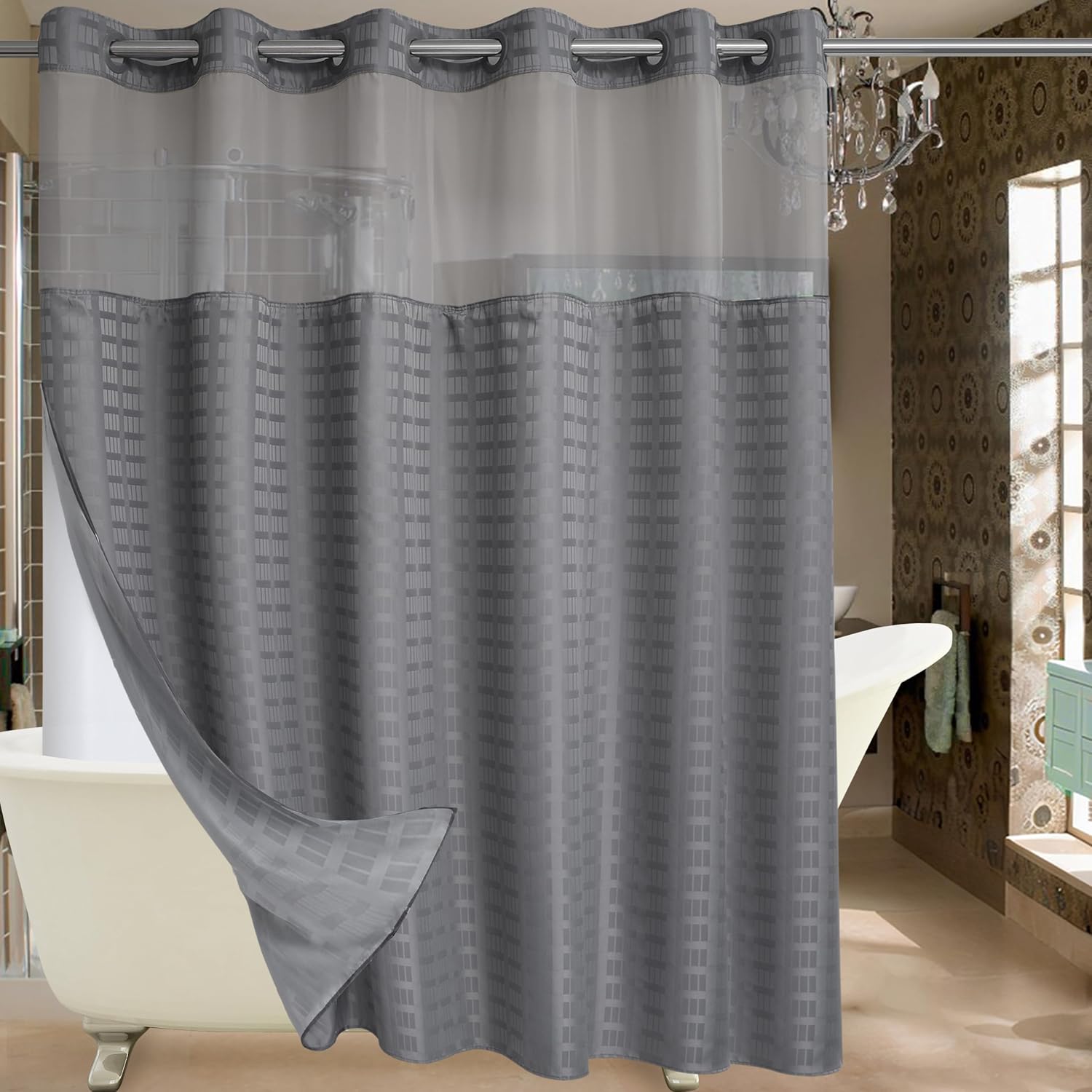 Detalle de Conbo Mio Extra-Wide Hotel-Style Shower Curtain, Check-Grey, 108" x 74