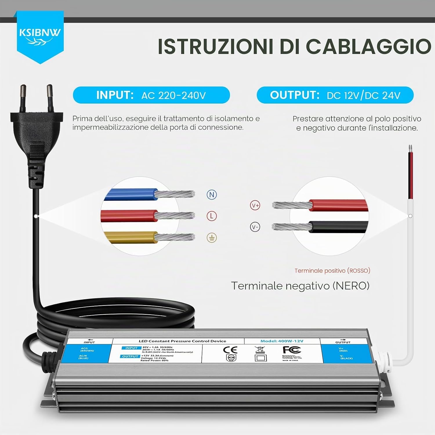 Detalle de KSIBNW Trasformatore LED 24V 150W – Alimentatore IP67 con Spina UE, 24V DC, 6,25A
