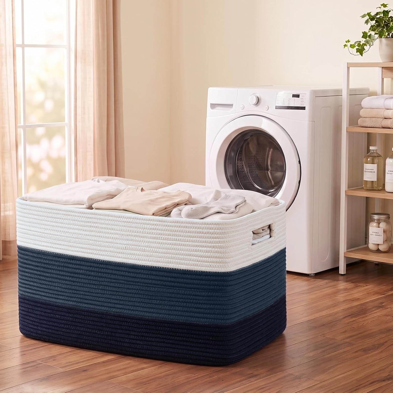 Detalle de OIAHOMY FSB-A-J-100L-04B 108L Cotton Rope Storage Basket, Gradient Blue
