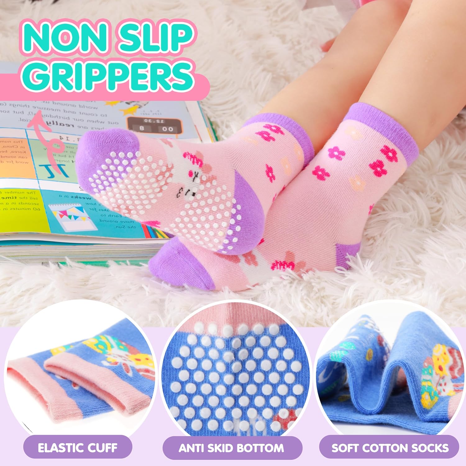 Detalle 2 de Welwoos 12-Pair Baby and Toddler Grip Socks, Cotton Crew with Animal Prints