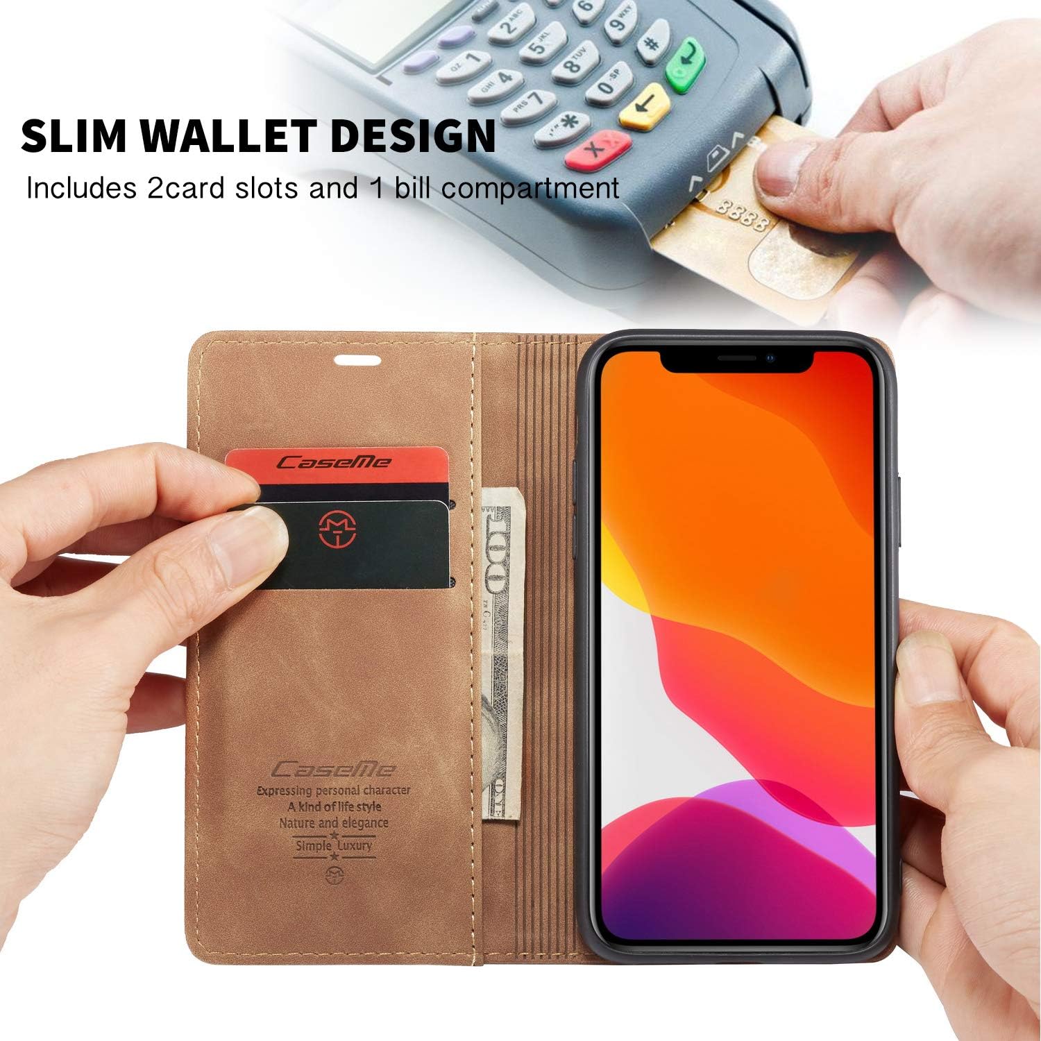 Detalle de Bpowe iPhone 11 Wallet Case, Faux Leather with Card Slots and Magnetic Closure
