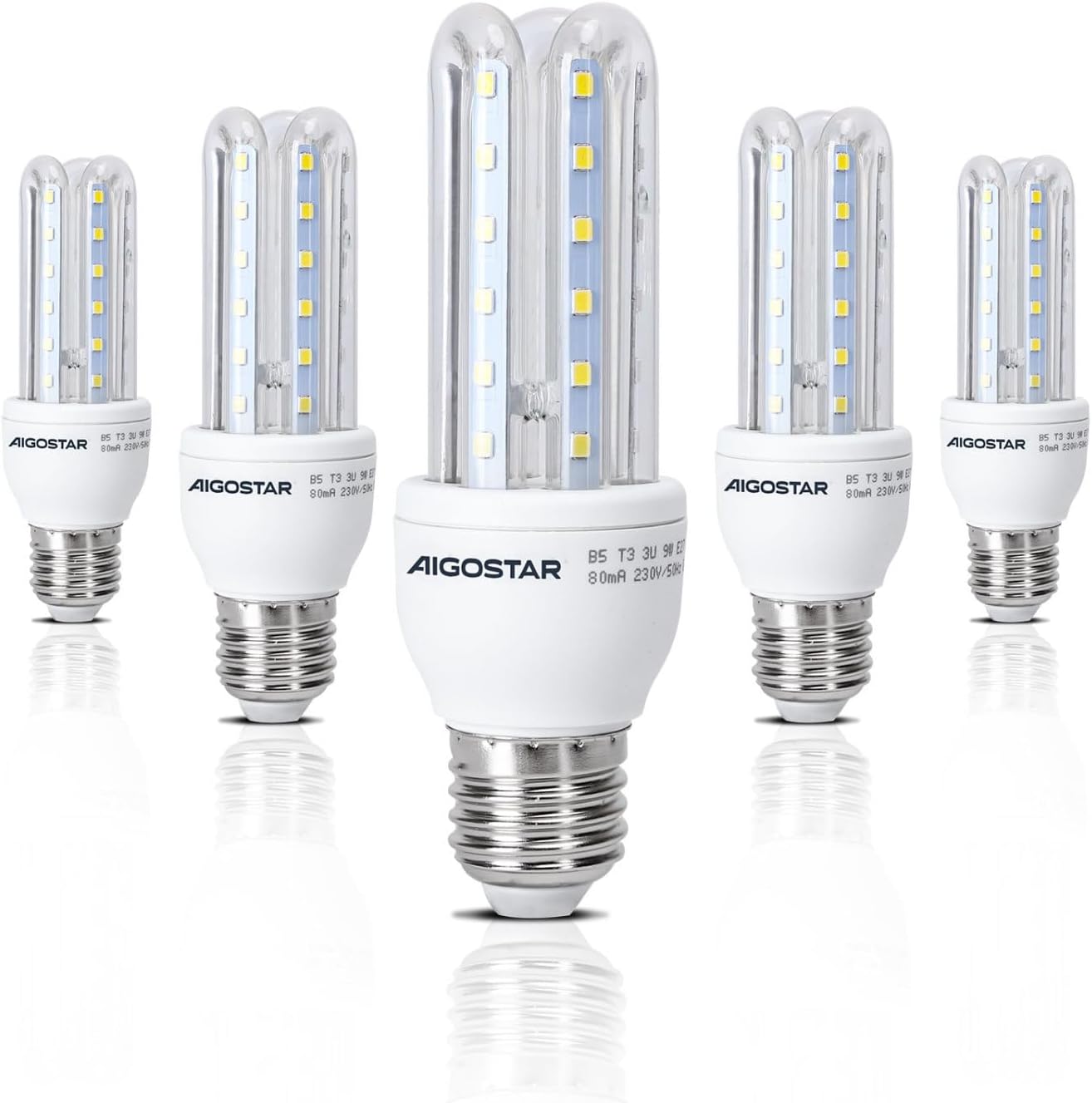 Detalle de Aigostar lot de 5 ampoules LED T3 3U E27 9W lumière blanche froide 6500K