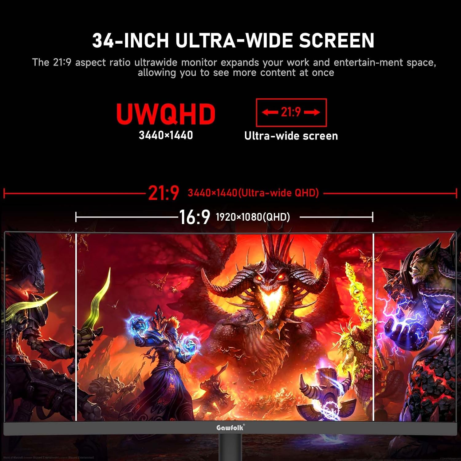 Thumbnail 1 de Gawfolk 34 Inch Ultrawide Curved 165Hz Gaming Monitor (UWQHD 3440x1440) with Liftable Stand
