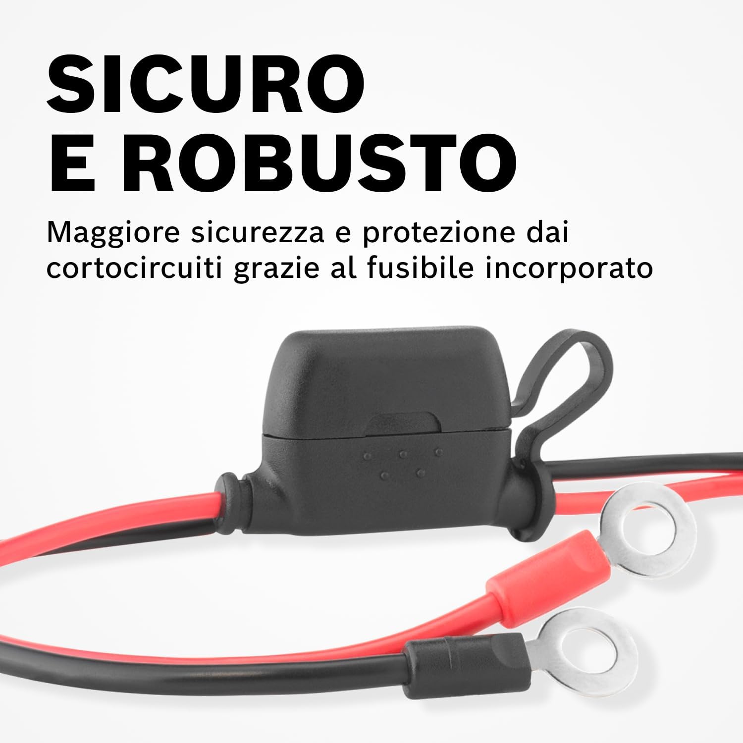 Detalle de Cavo di Collegamento Bosch per Caricabatterie – 52 cm, occhielli M6, fusibile 40 A – Ricambi Originali 0189999280