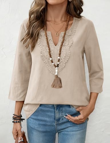 Thumbnail 5 de Rapbin Women's Tops 3/4 Sleeve Cotton Linen V-Neck Boho Lace Blouse