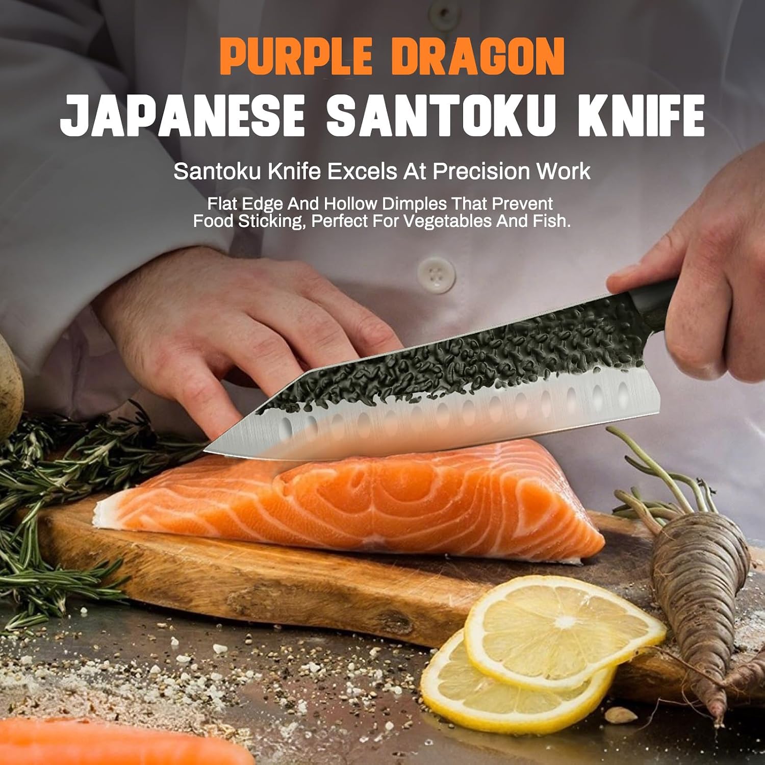 Detalle de Purple Dragon Santoku-Messer mit ATS-34