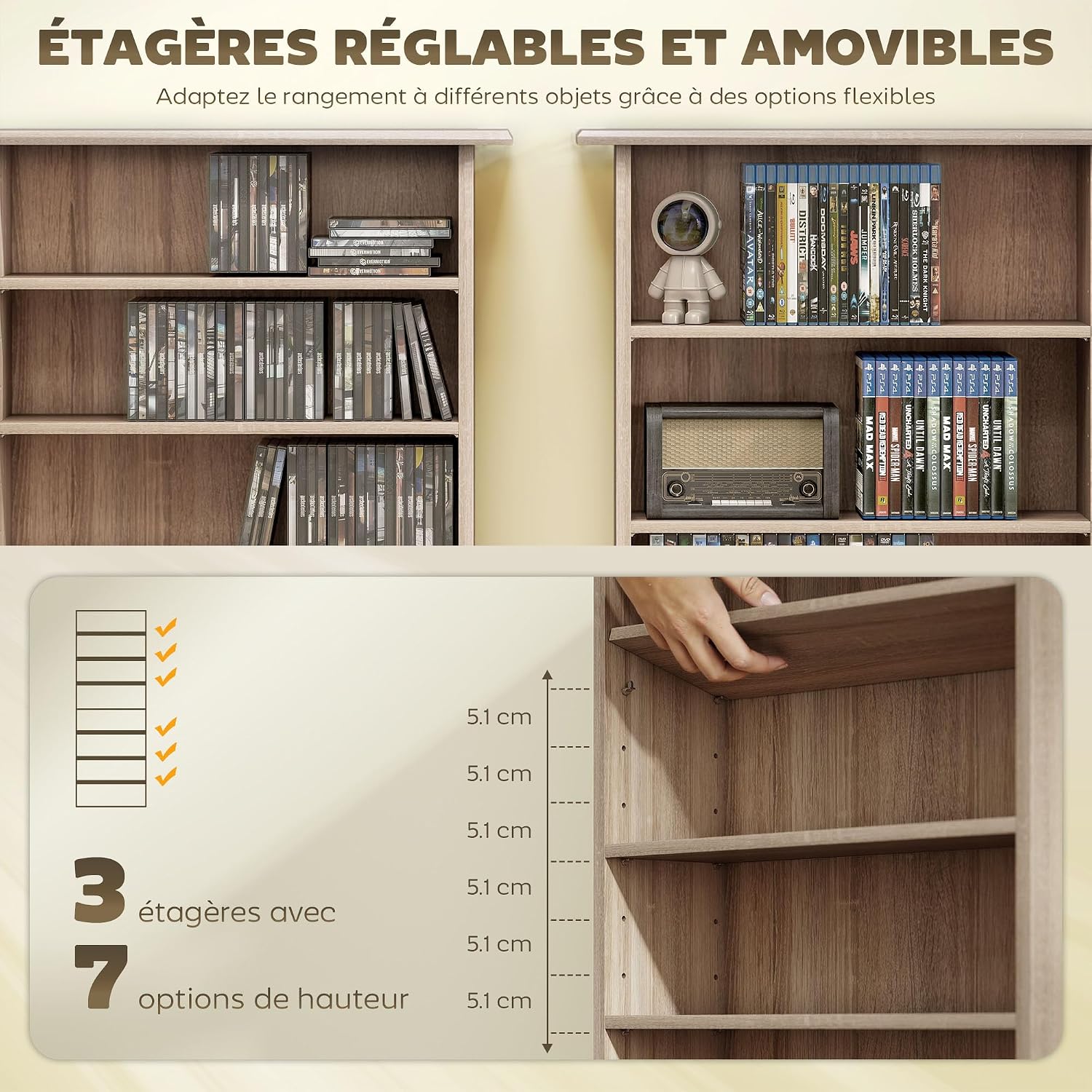 Thumbnail 3 de HOMCOM 836-603V00ND cd- en dvd-kast, 8 vakken, 6 verstelbare legplanken
