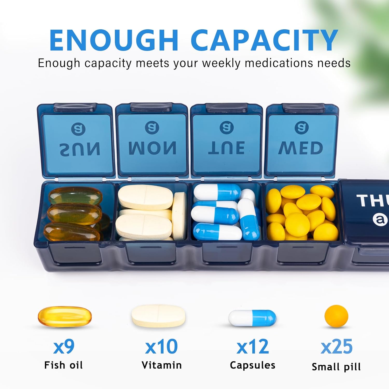 Detalle de Mossime Large Pill Box Organiser – 2-pack 7-day weekly travel pill case (AM/PM) with extra-large compartments