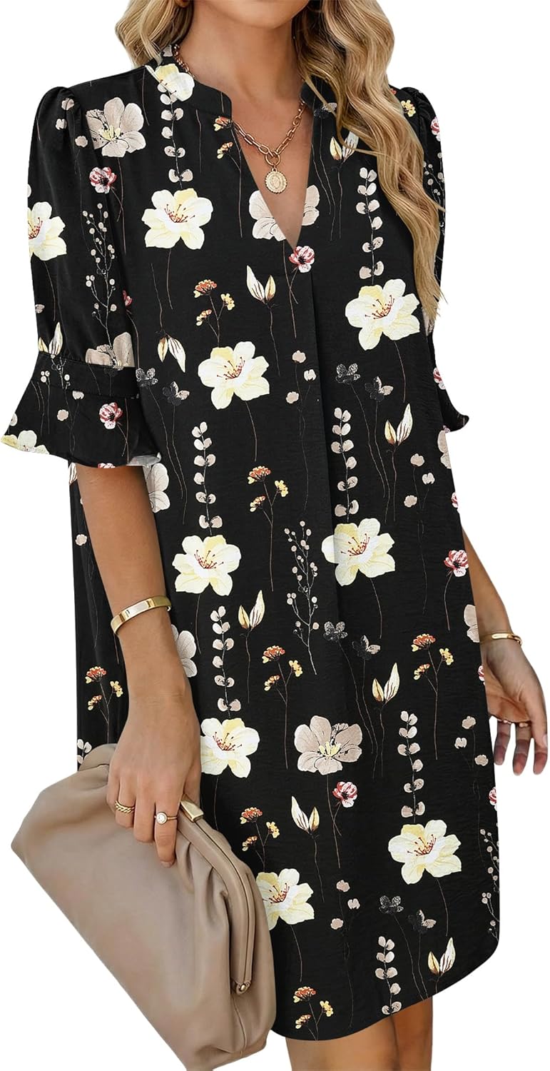 Detalle de AUSELILY Robe Femme Chic et Décontractée à Manches Courtes et Col V – Robe Chemise avec Poches