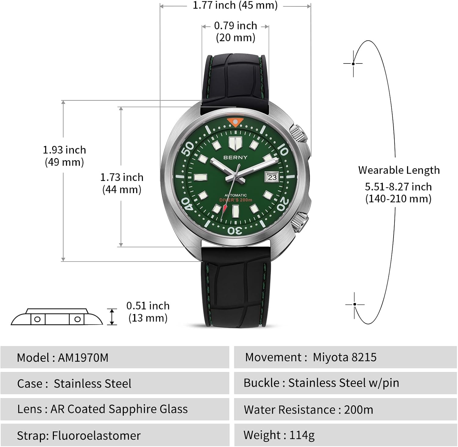 Thumbnail 5 de BERNY Automatische Herrenuhr 200M wasserdichte Tauchuhr mit Saphirglas und Super-Lumi-Ziffern