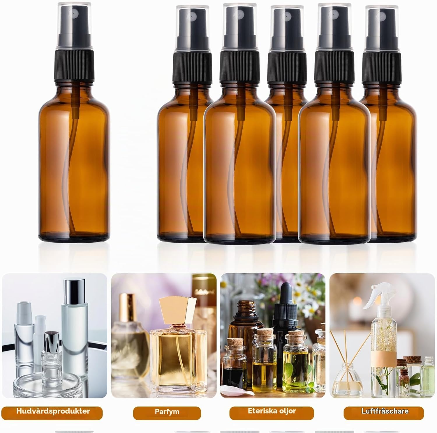 Detalle 2 de Kiperline glassprayflaskor 50 ml, brunt glas, 6-pack med trattar och pipetter