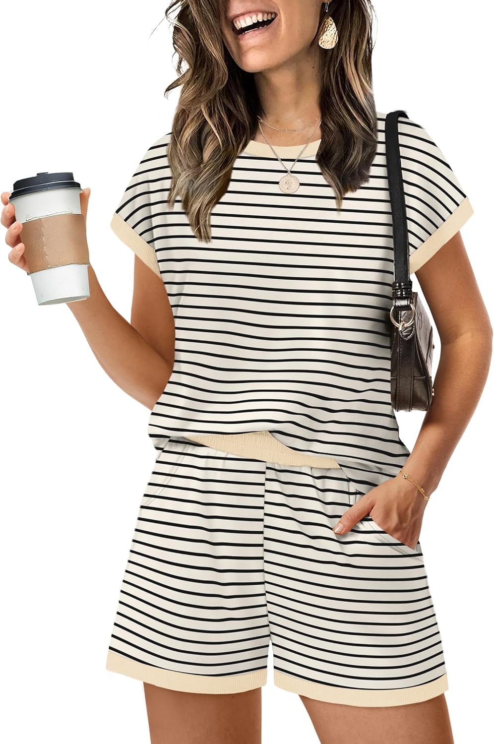 Detalle de WIHOLL Two-Piece Women’s Summer Lounge Set (Crew Neck Top & Shorts with Pockets) XS–2XL