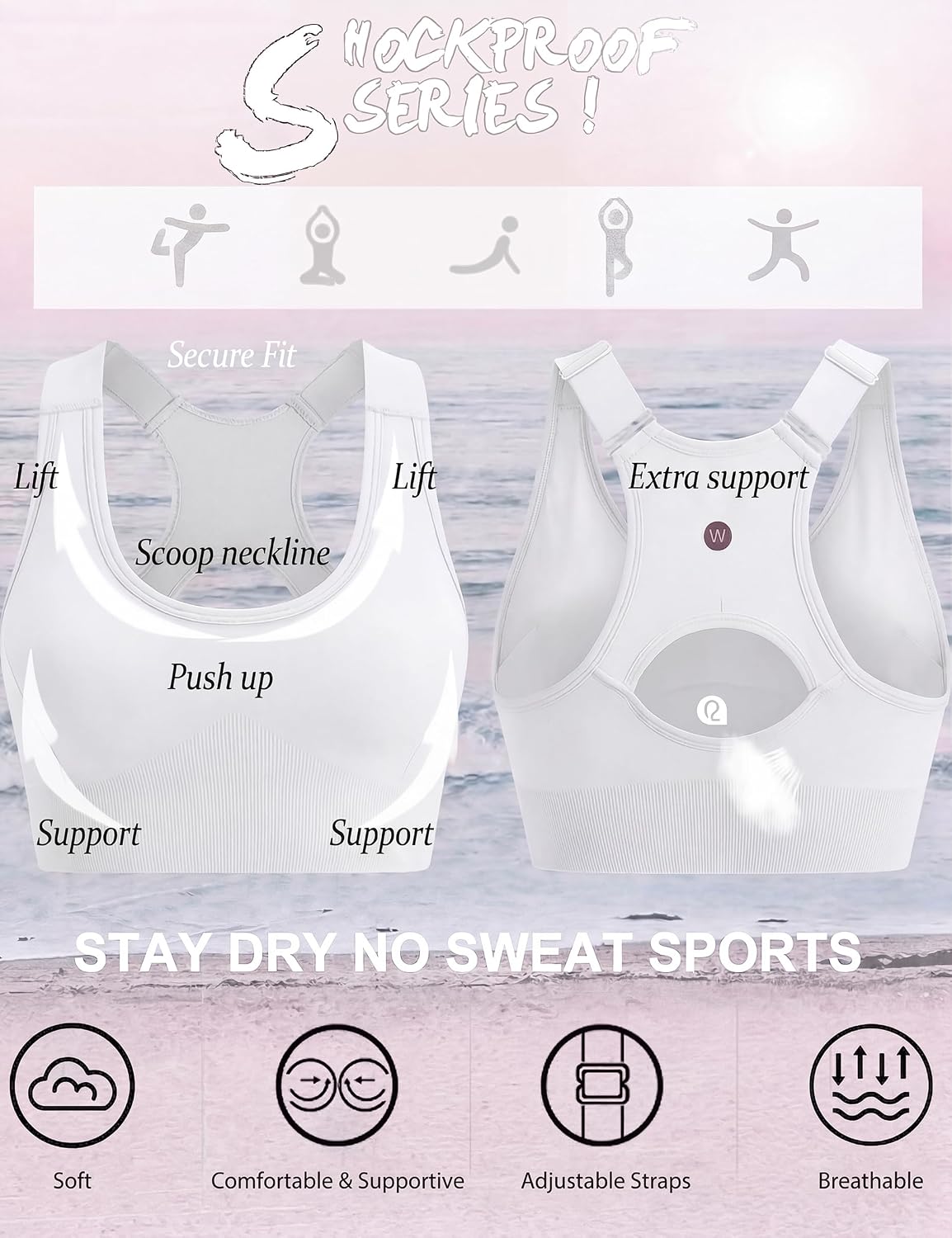 Detalle 2 de Aseniza brassière de sport femme maintien fort, dos croisé et bretelles larges réglables (sans armature)