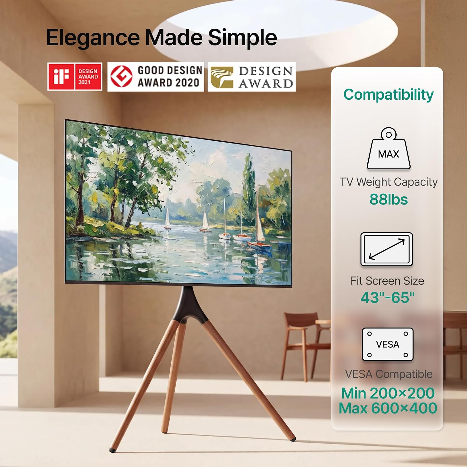Detalle de ECOTINY Artistic Easel TV Stand (Tripod Floor Mount) for 43–65 Inch TVs, 180° Swivel, Max VESA 600×400mm, Black Walnut