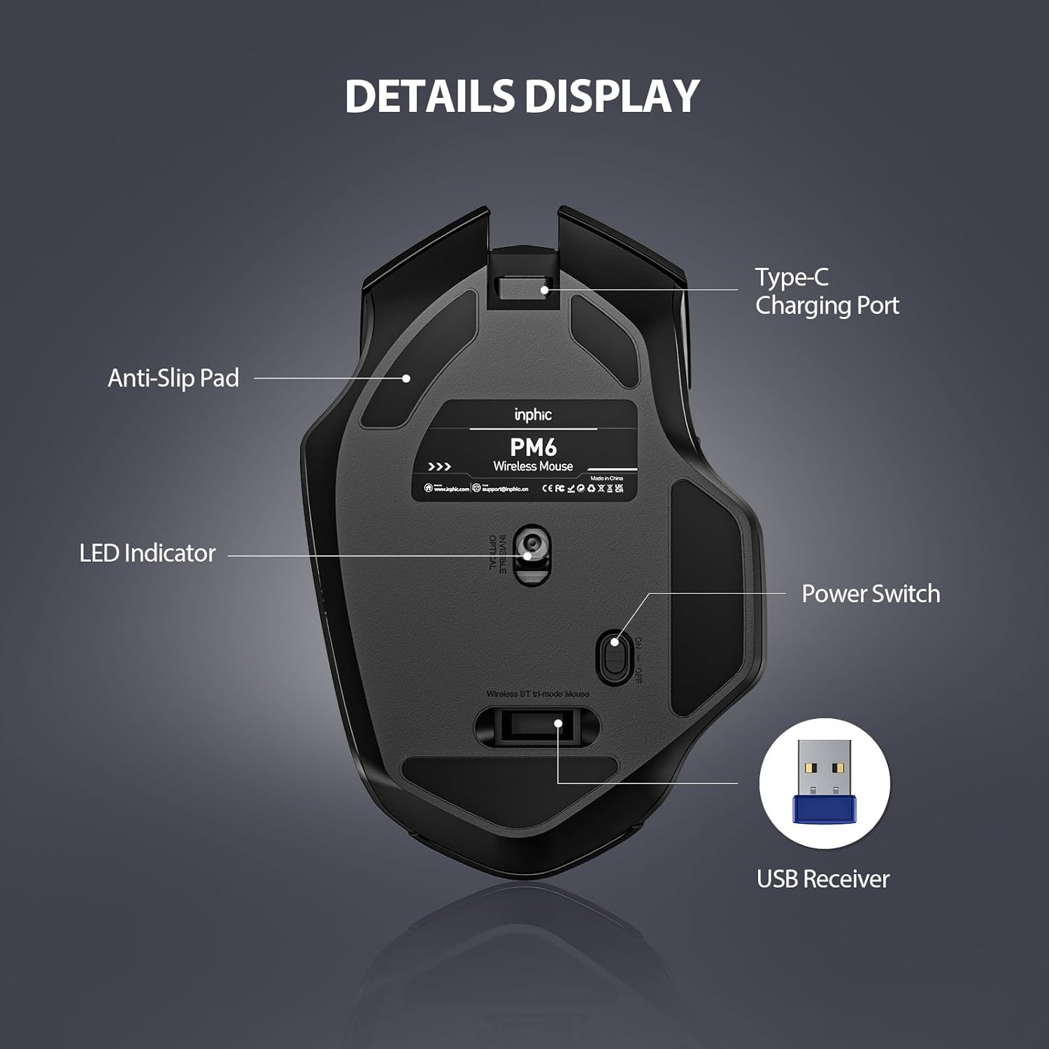 Thumbnail 6 de INPHIC Wireless Mouse Rechargeable: Ergonomic 2.4G Cordless, 800–1600 DPI with Silent Click