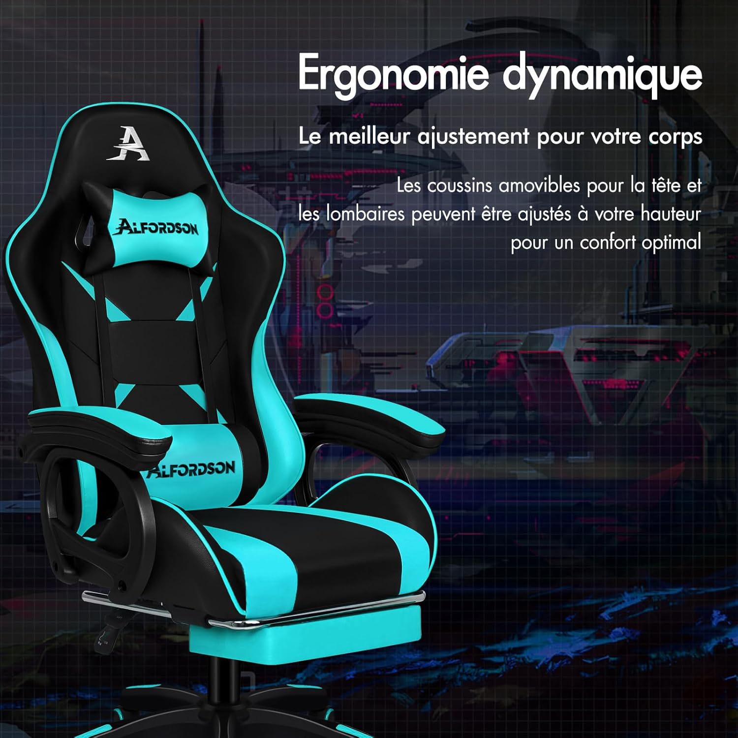Detalle de ALFORDSON Chaise Gaming Xavier — Chaise ergonomique avec massage lombaire, repose-pieds et dossier inclinable