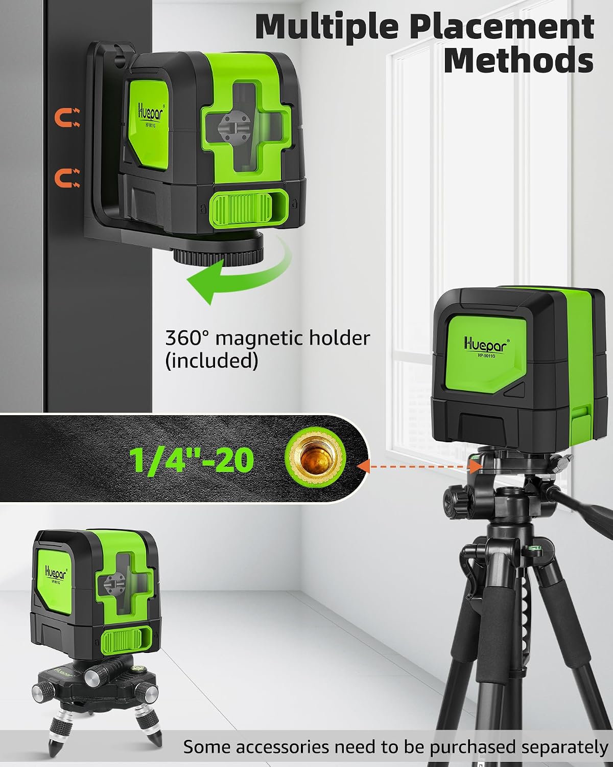 Detalle 2 de Huepar 9011G Cross-Line Laser Level, Green Lines, Self-Levelling, Magnetic Base