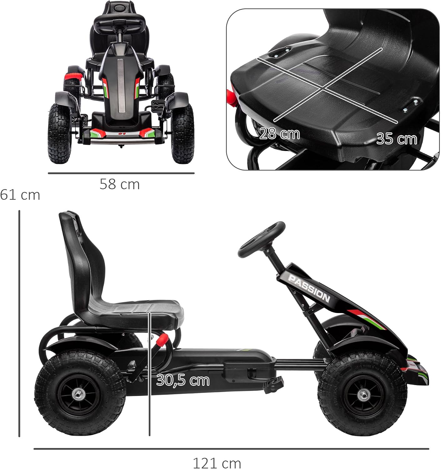 Thumbnail 6 de HOMCOM kart à pédales enfant avec frein à main et siège réglable 3 positions (5 à 12 ans) noir