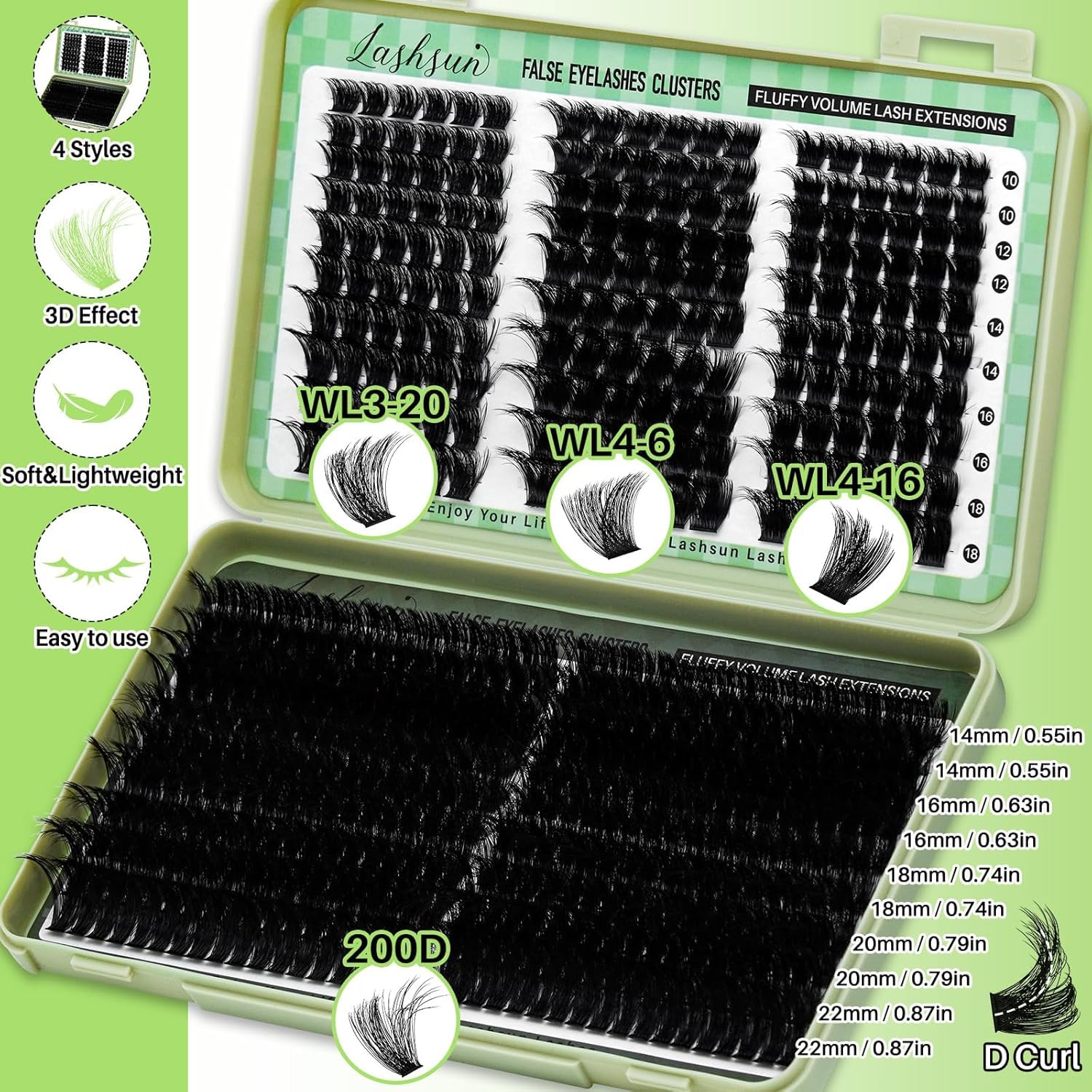 Detalle 2 de LASHSUN Lash Clusters Kit 540pcs D Curl 10-22mm Wispy Cluster Lashes Kit