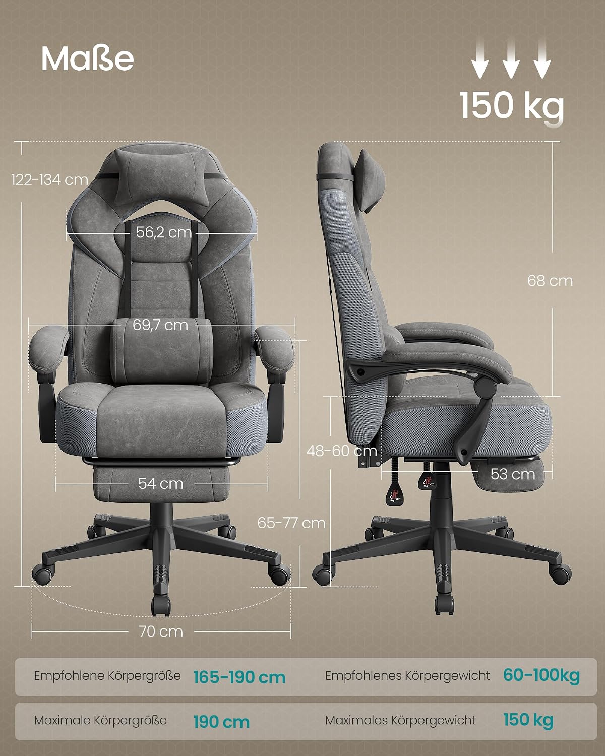 Detalle de SONGMICS Gaming-Stuhl, Bürostuhl, Computerstuhl mit Fußstütze und ergonomischem Design (OBG077G01) – schiefergrau