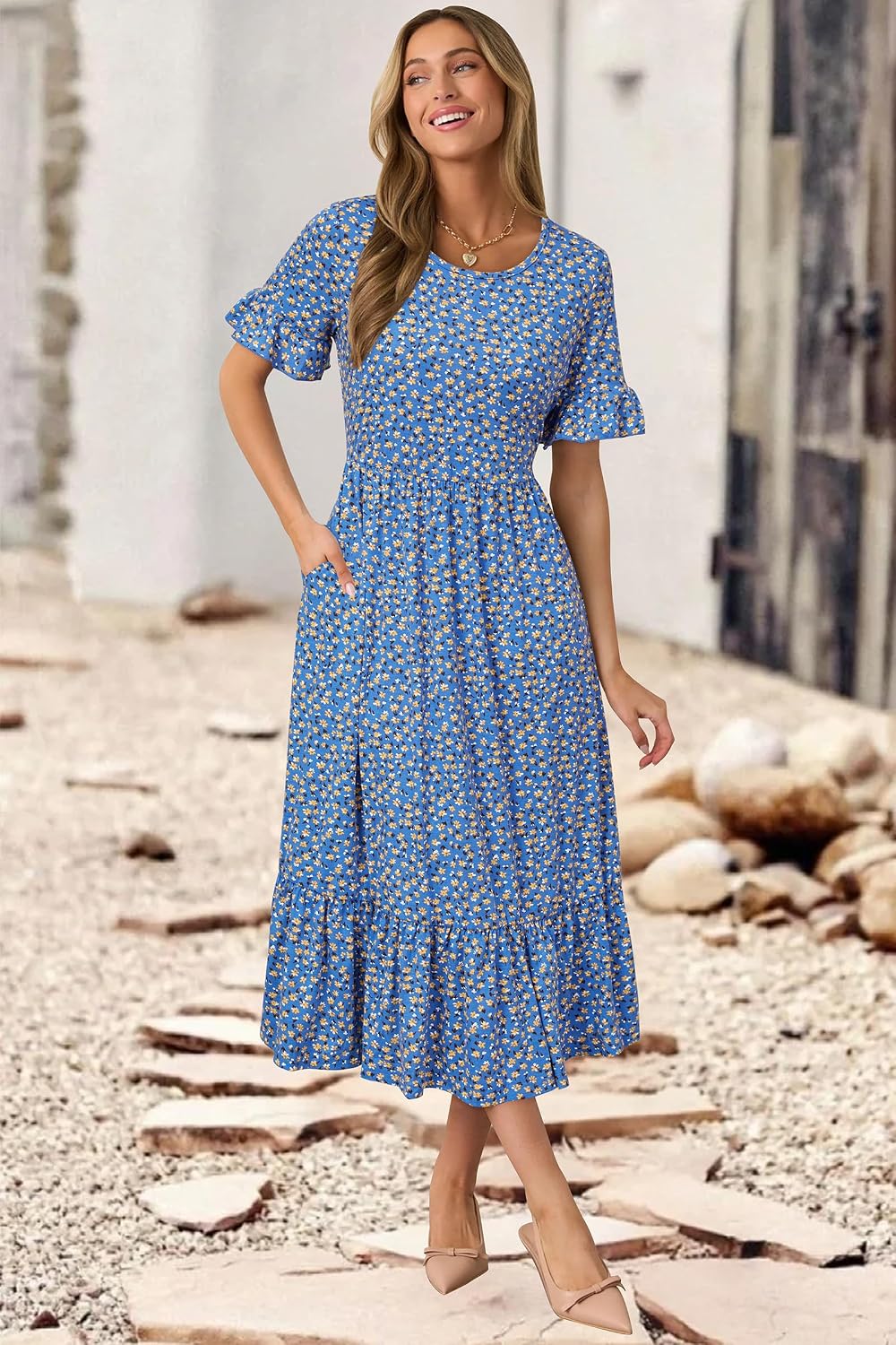 Detalle de STYLEWORD Women Floral Summer Dress with Pockets – Midi Swing Dress