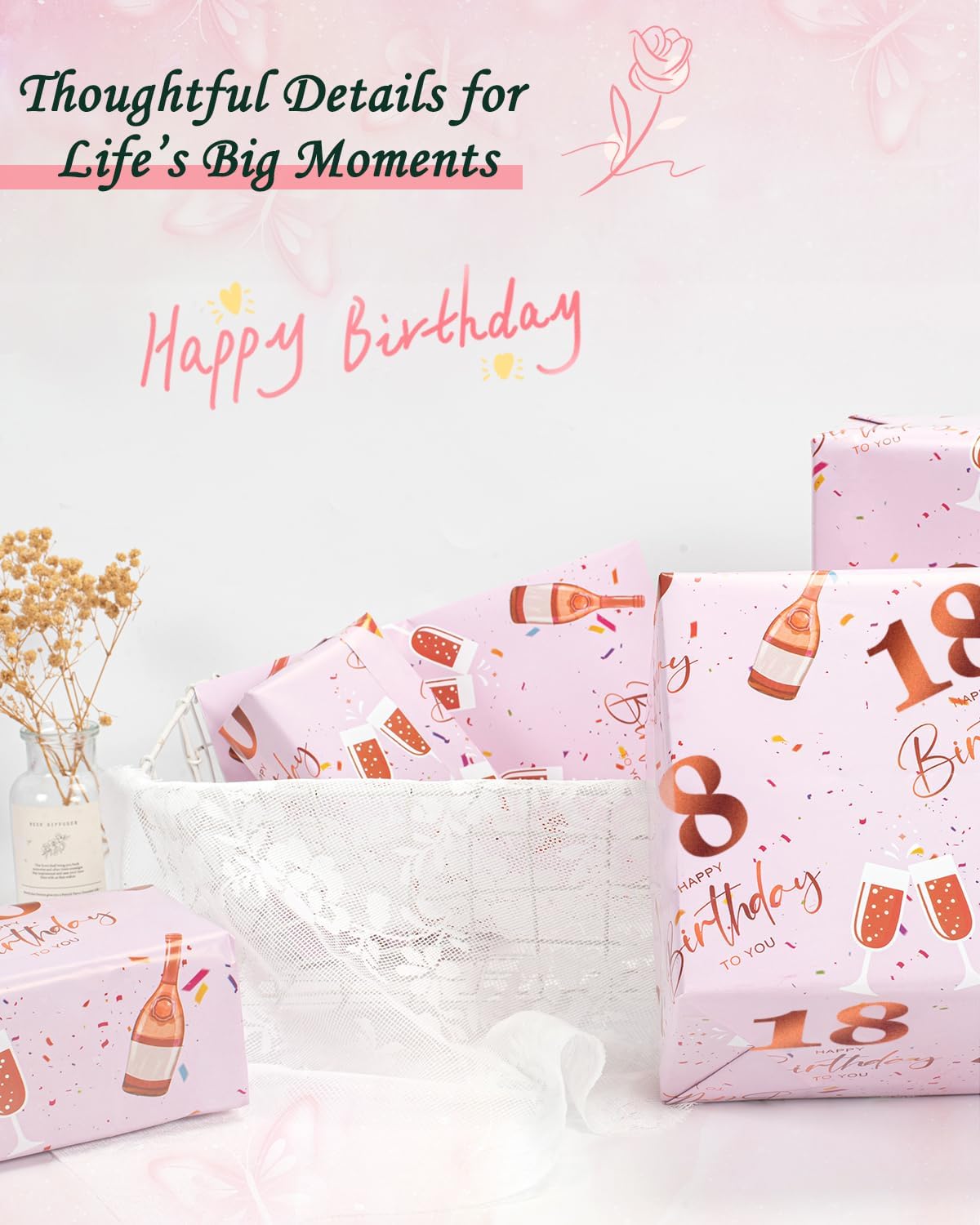 Thumbnail 5 de Vinuwu 6 Sheets 18th Birthday Wrapping Paper – Rose Gold Pink, 70x50cm