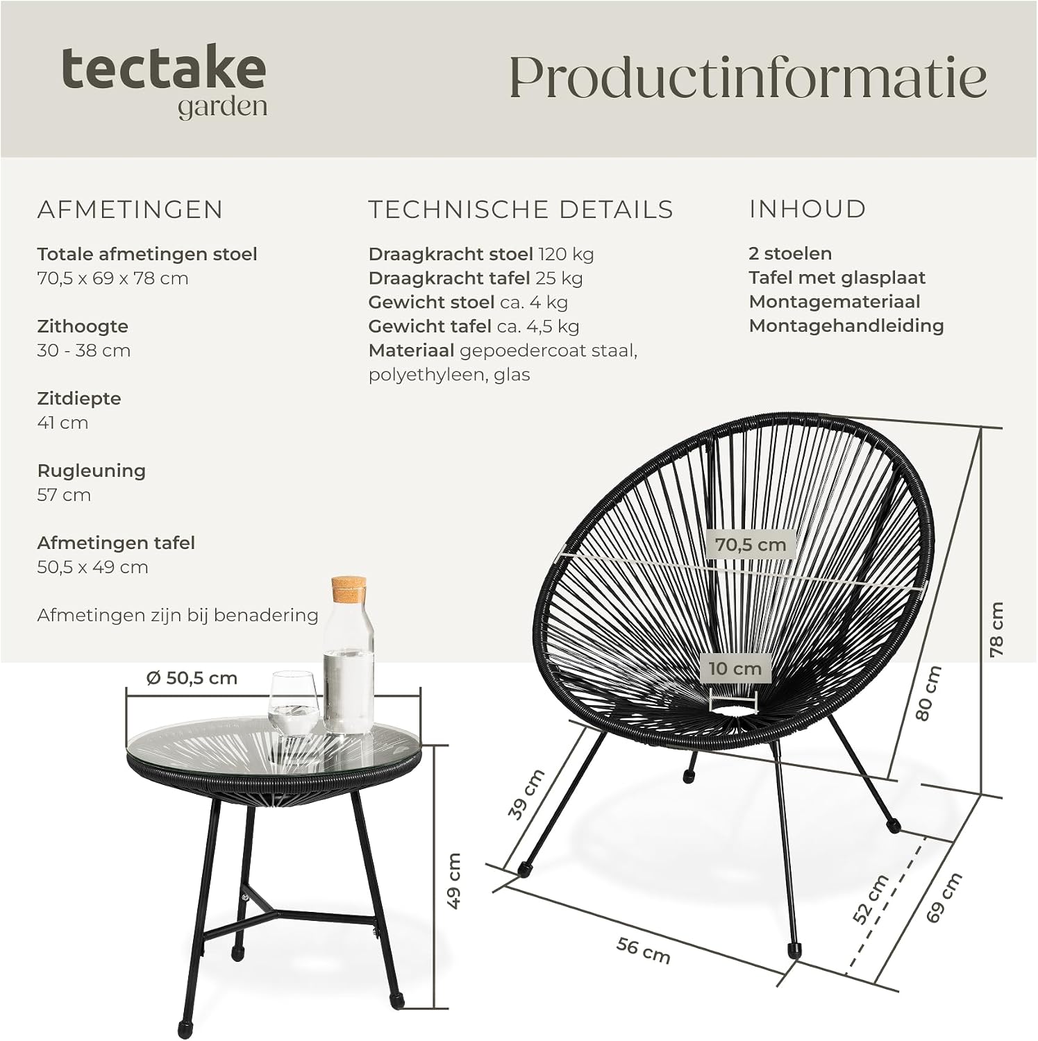 Detalle 2 de tectake 404410 Santana bistroset met 2 Acapulco-stoelen en tafel, zwart