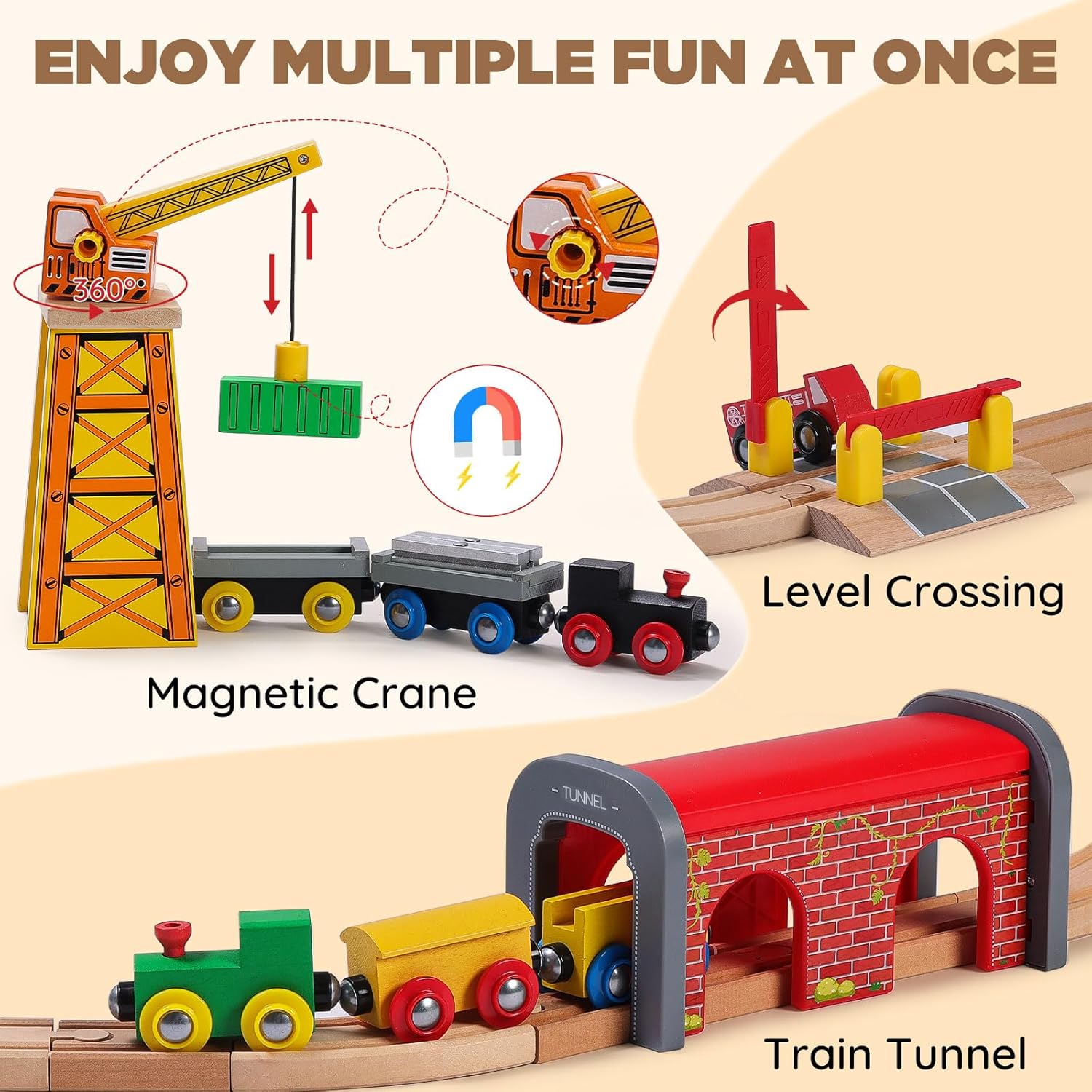 Detalle 2 de SainSmart Jr. Holzeisenbahn Set 112 Teile – Großes City Zugset mit Brücke, Tunnel & Zubehör