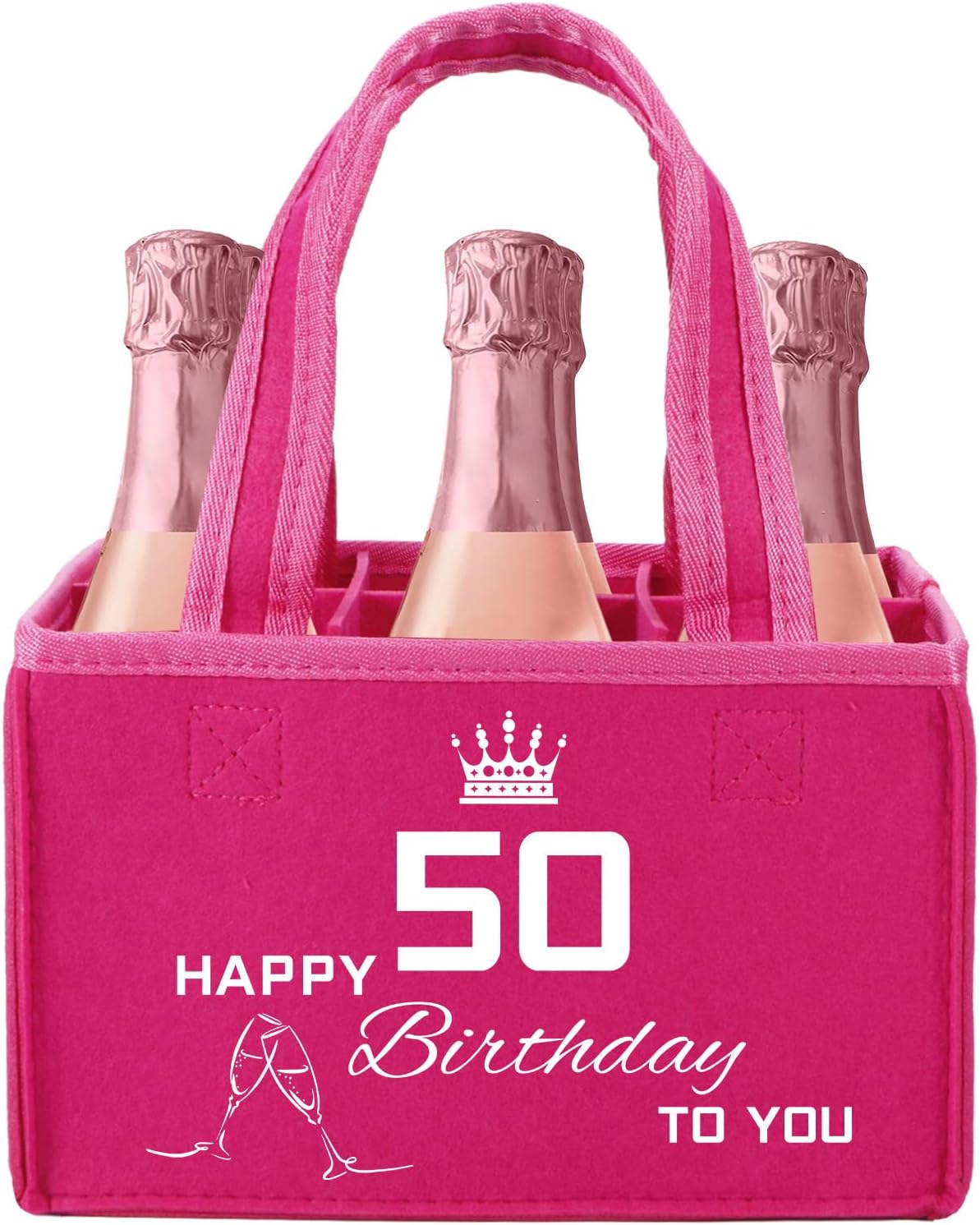 Detalle de Flaschentasche zum 50 Geburtstag Frau – Geschenkset aus rosa Filz mit 50 GEBURTSTAG-Druck, Platz für bis zu 6 kleine Sektflaschen