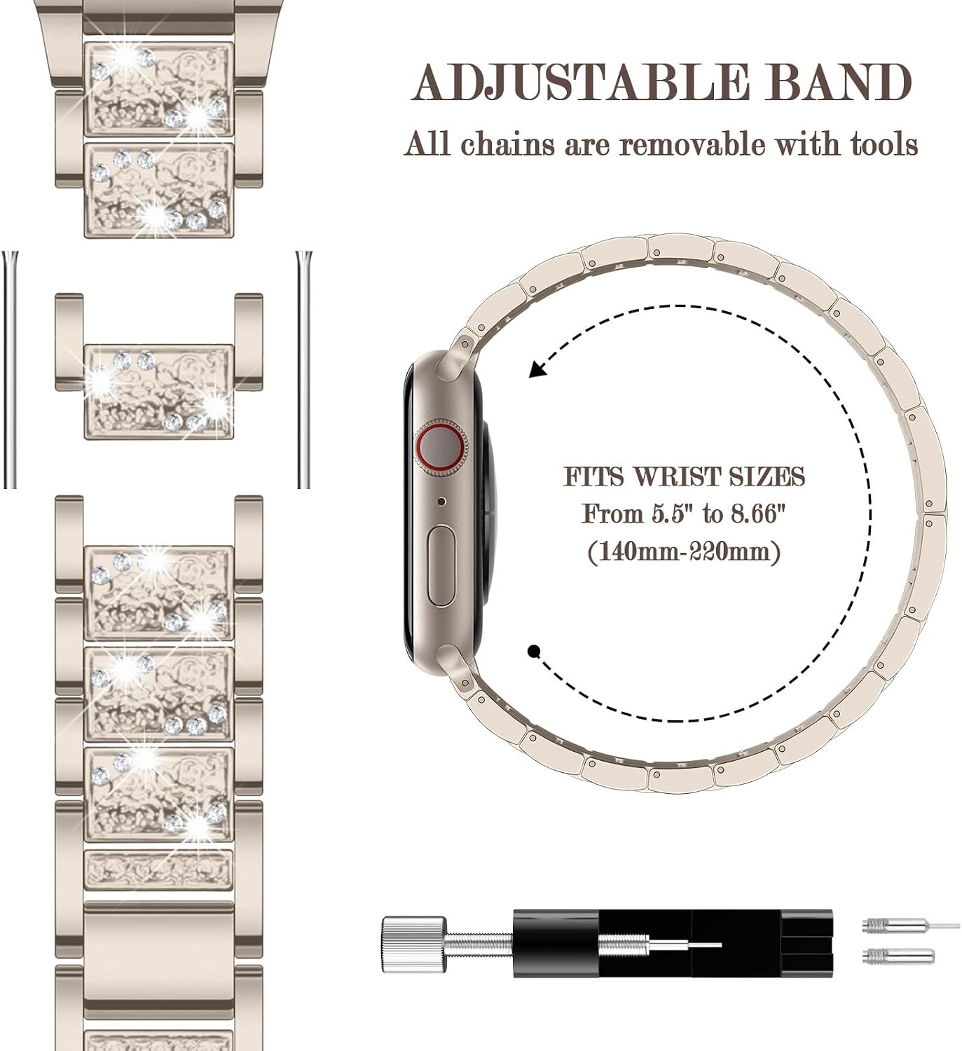 Detalle de Sixmoat Bling Diamond Metal Strap for Apple Watch (38–42mm) – Dressy Rhinestone Bracelet