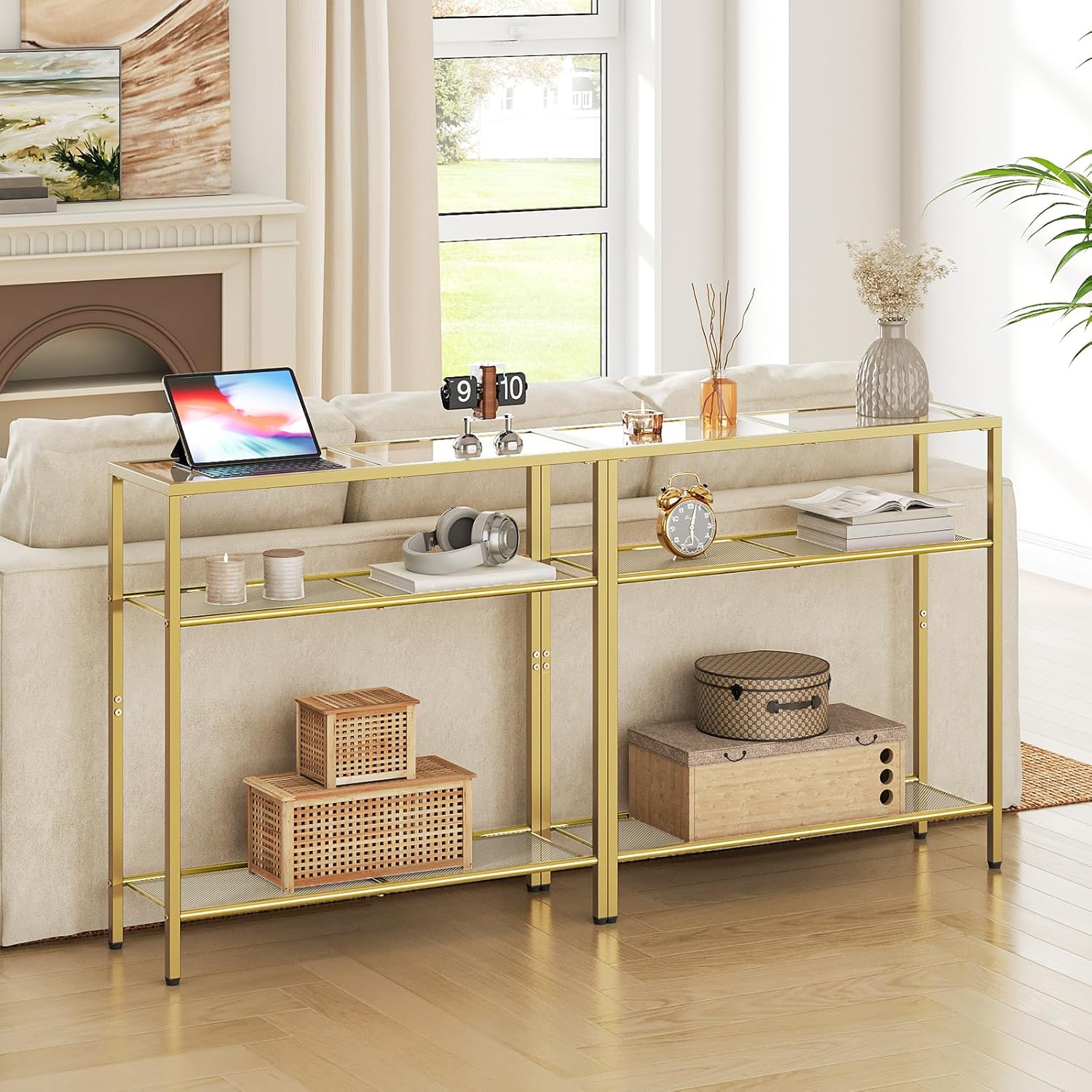 Thumbnail 3 de HOOBRO 3-Tier Gold Console Table with Tempered Glass – Minimalist Gold Frame, 4mm Glass, 3 Shelves