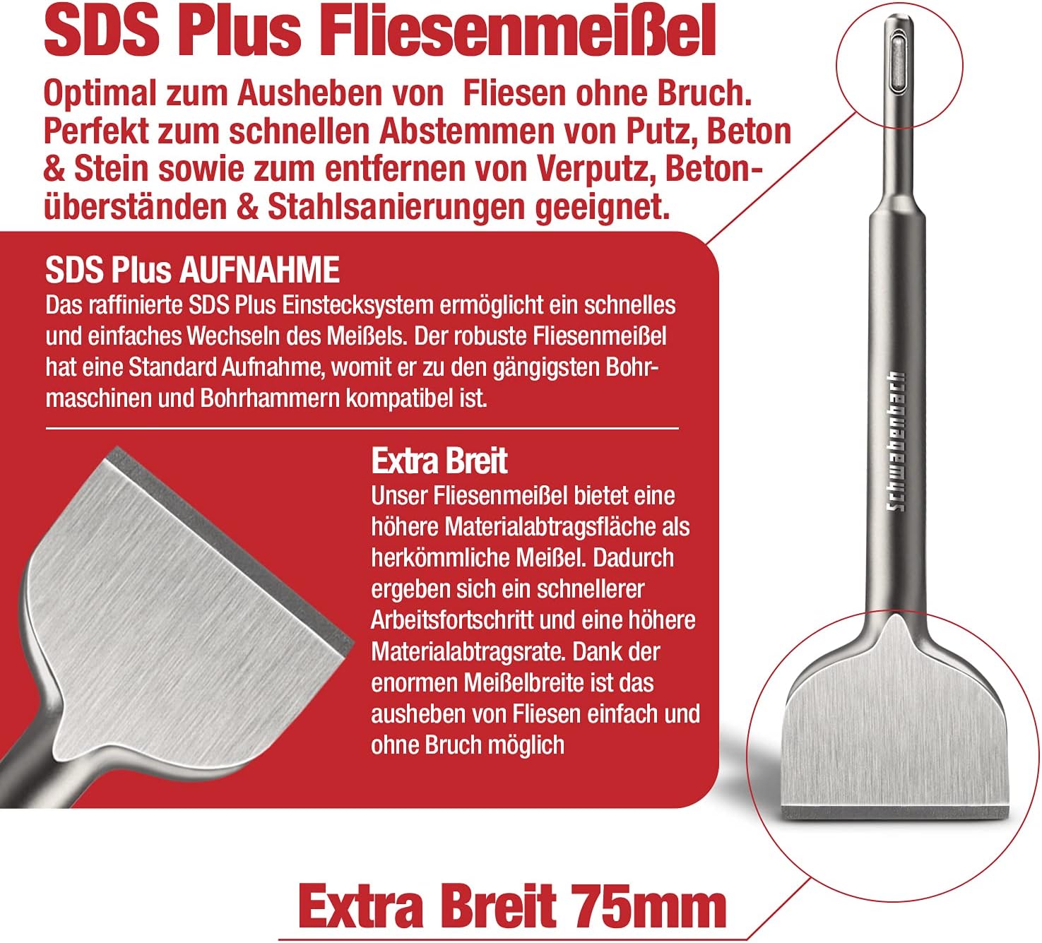 Thumbnail 4 de SCHWABENBACH Spatmeißel SDS Plus 75 x 250 mm Breit – Fliesen- und Putz-Meißel, extra gehärtet