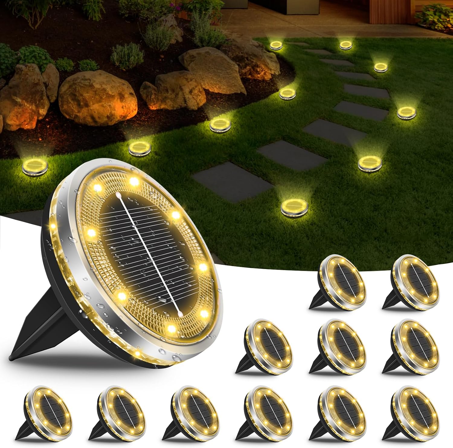 Detalle de Bowfar 12er Set Solar-Bodenleuchten für außen mit 12 LEDs, IP65 (warmweiß)
