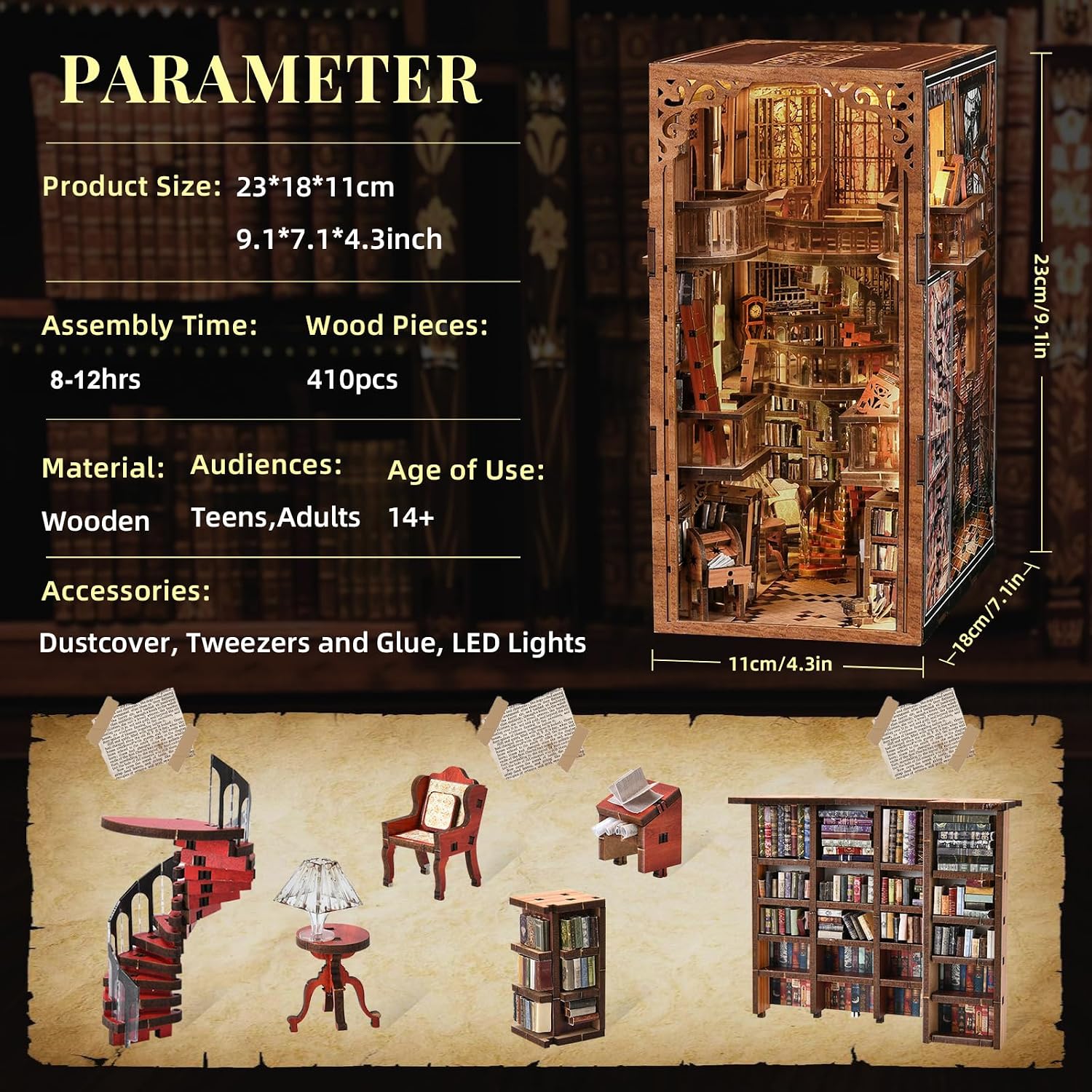 Detalle de MiniCity Book Nook Kit DIY Miniature Dollhouse Booknook (Abbey Library) with LED Light