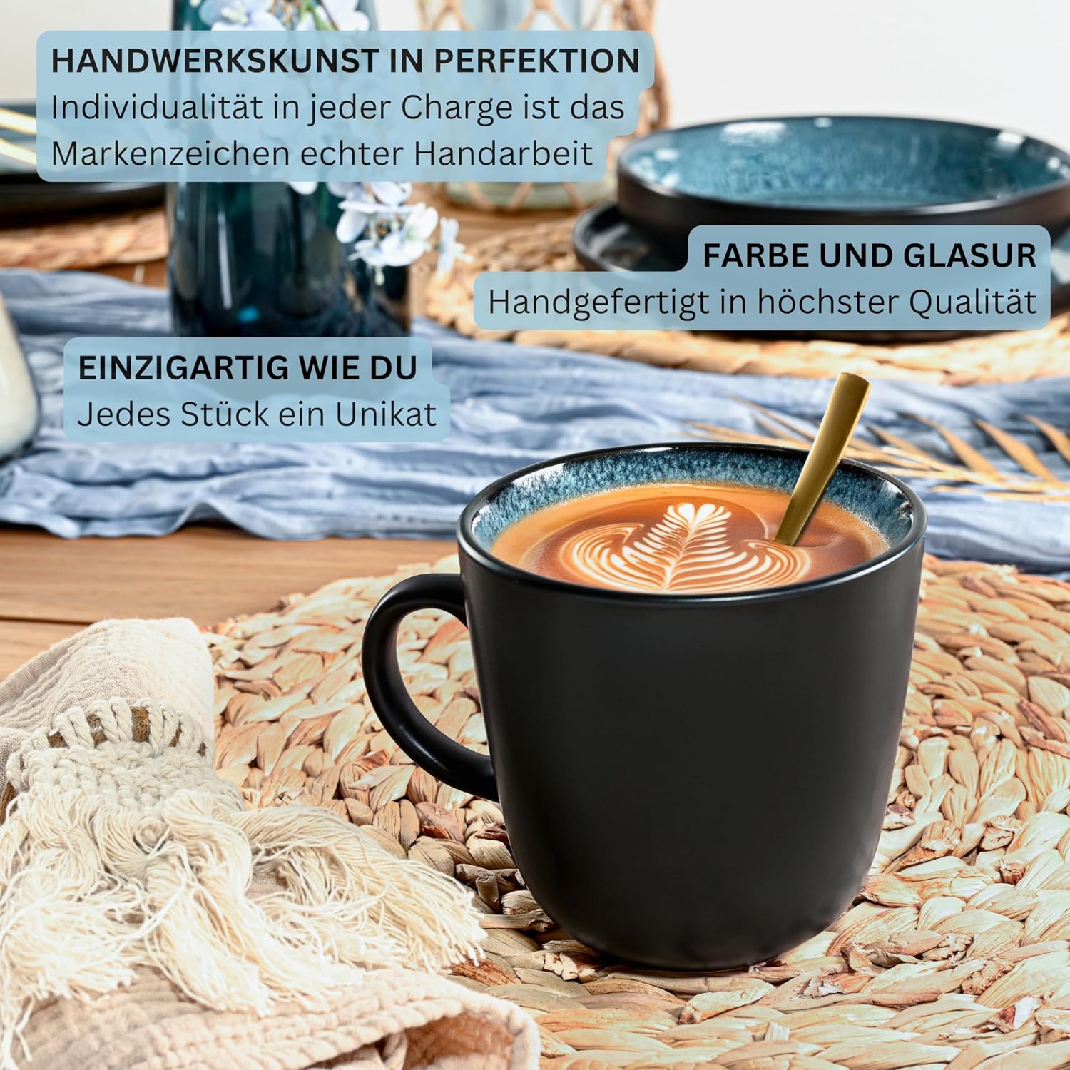 Detalle de SÄNGER Vigo Kombiservice für 6 Personen (30-tlg.) – blau-schwarzes Steingut-Geschirrset mit Pastateller, Kaffeebechern & mehr