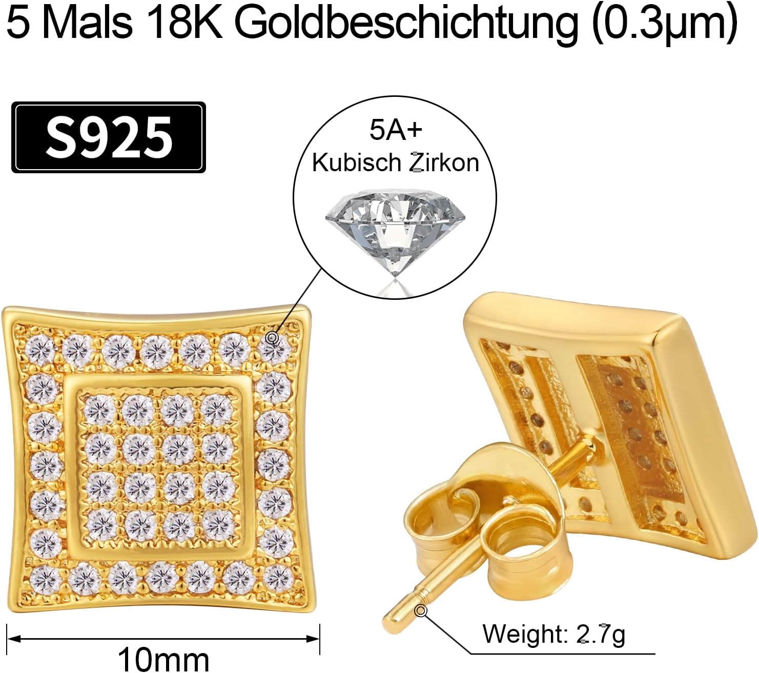Detalle 2 de VEXXS Herren Ohrringe Silber 925 – 18K Gold/Weißgold beschichtet, 5A Zirkonia