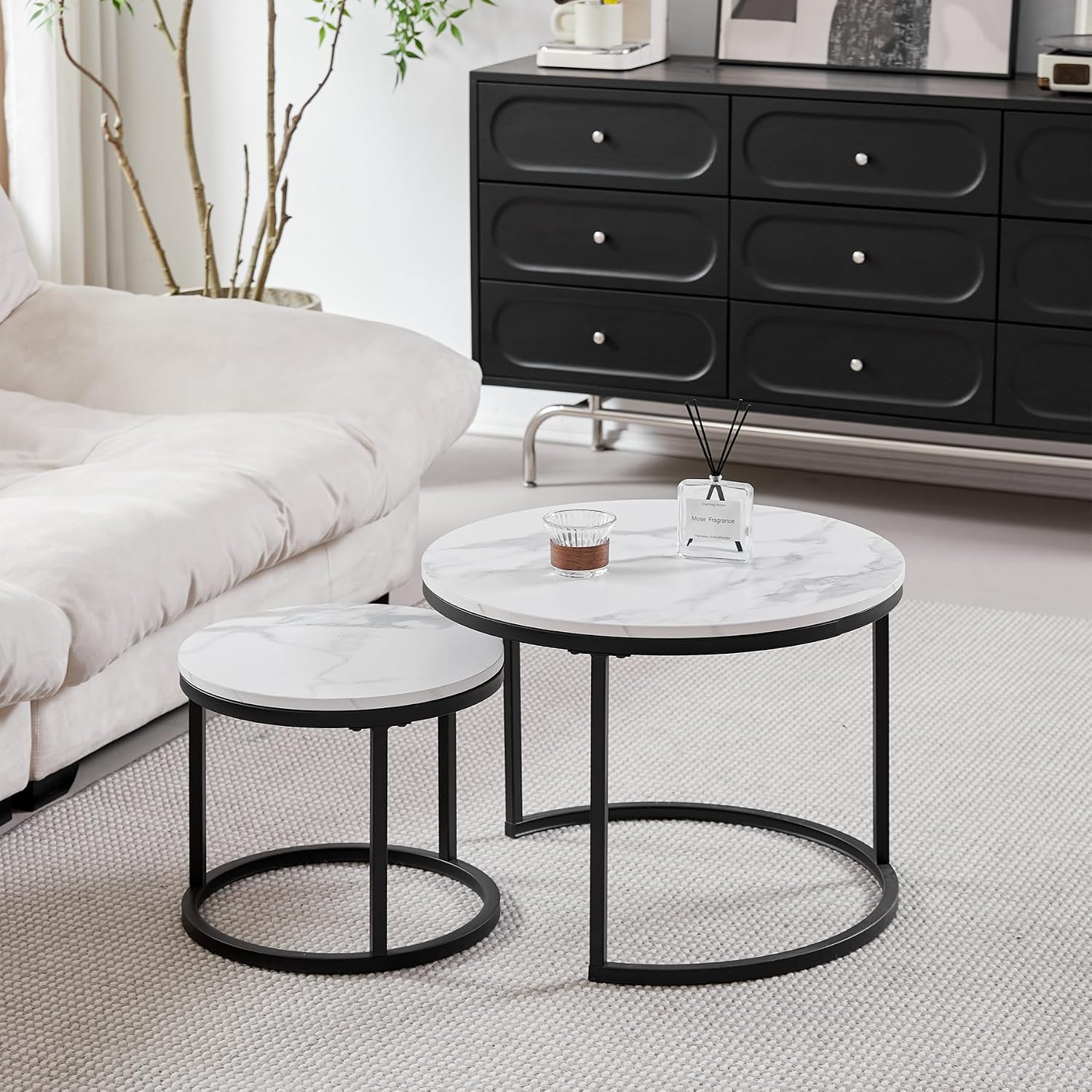 Detalle de HJhomeheart set van 2 ronde bijzettafels, zwart-wit met marmerlook