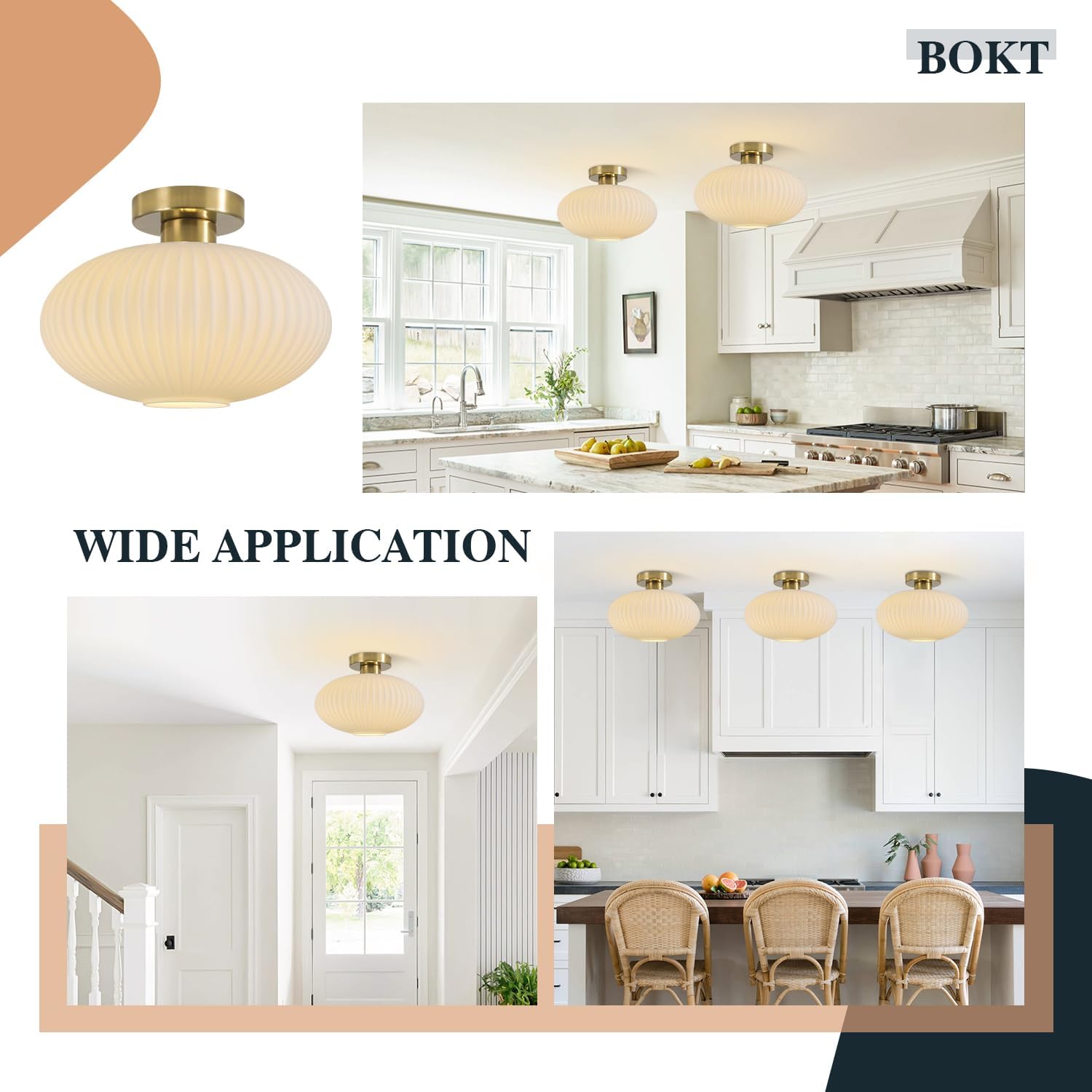 Detalle de BOKT BC1145-FT Mid-Century Ceiling Light with Ribbed Glass and Brushed Brass