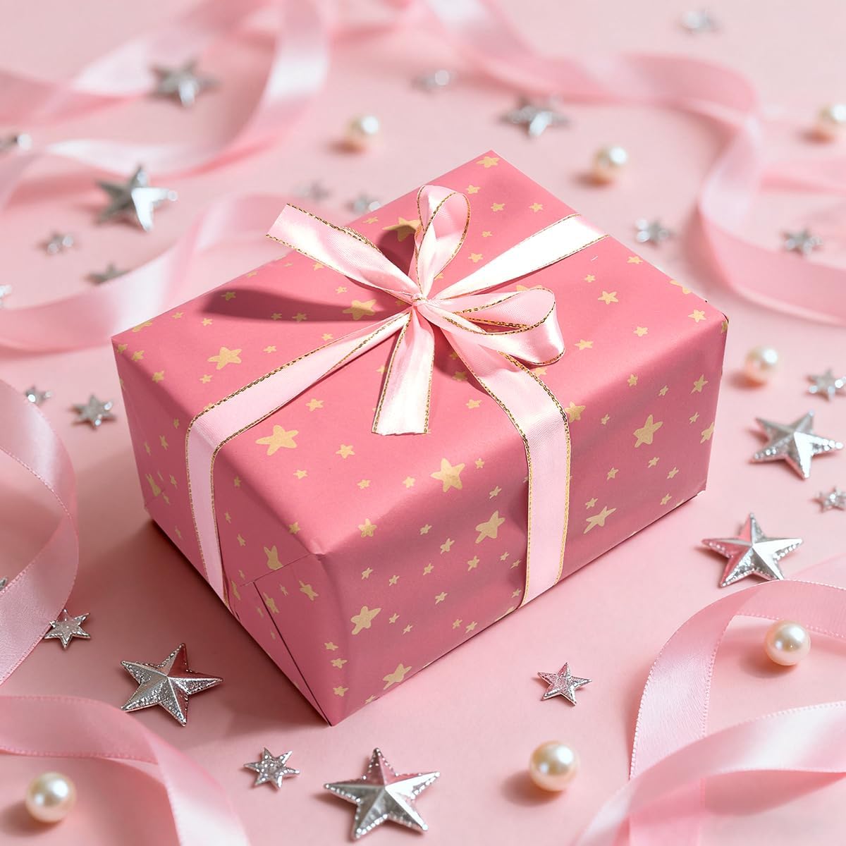 Detalle 2 de Pink Star Kraft Wrapping Paper Roll 43cm x 15m