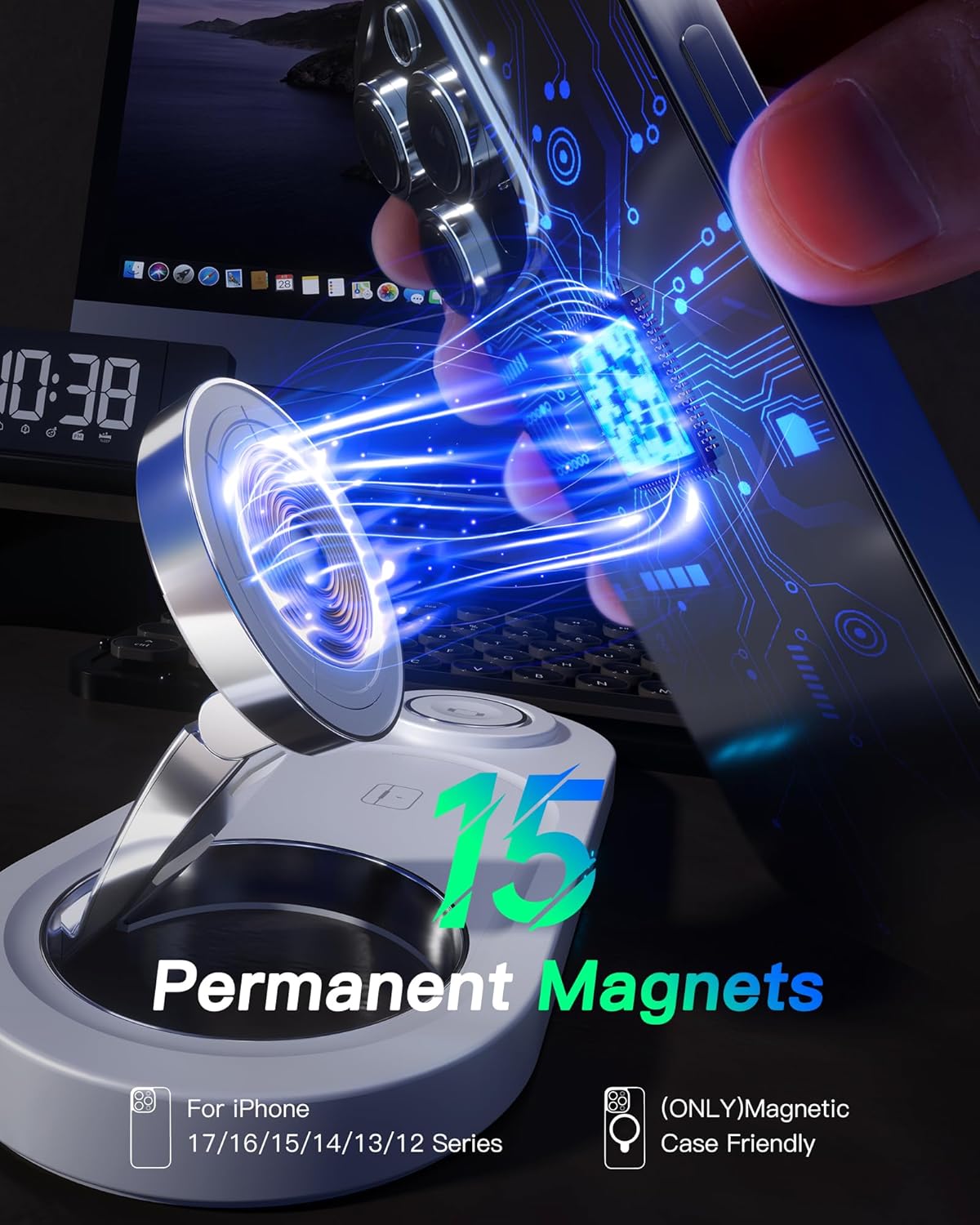 Thumbnail 2 de Upgraded 3-in-1 Wireless Charging Station (Mag-Safe) for iPhone, AirPods Pro & Apple Watch – White