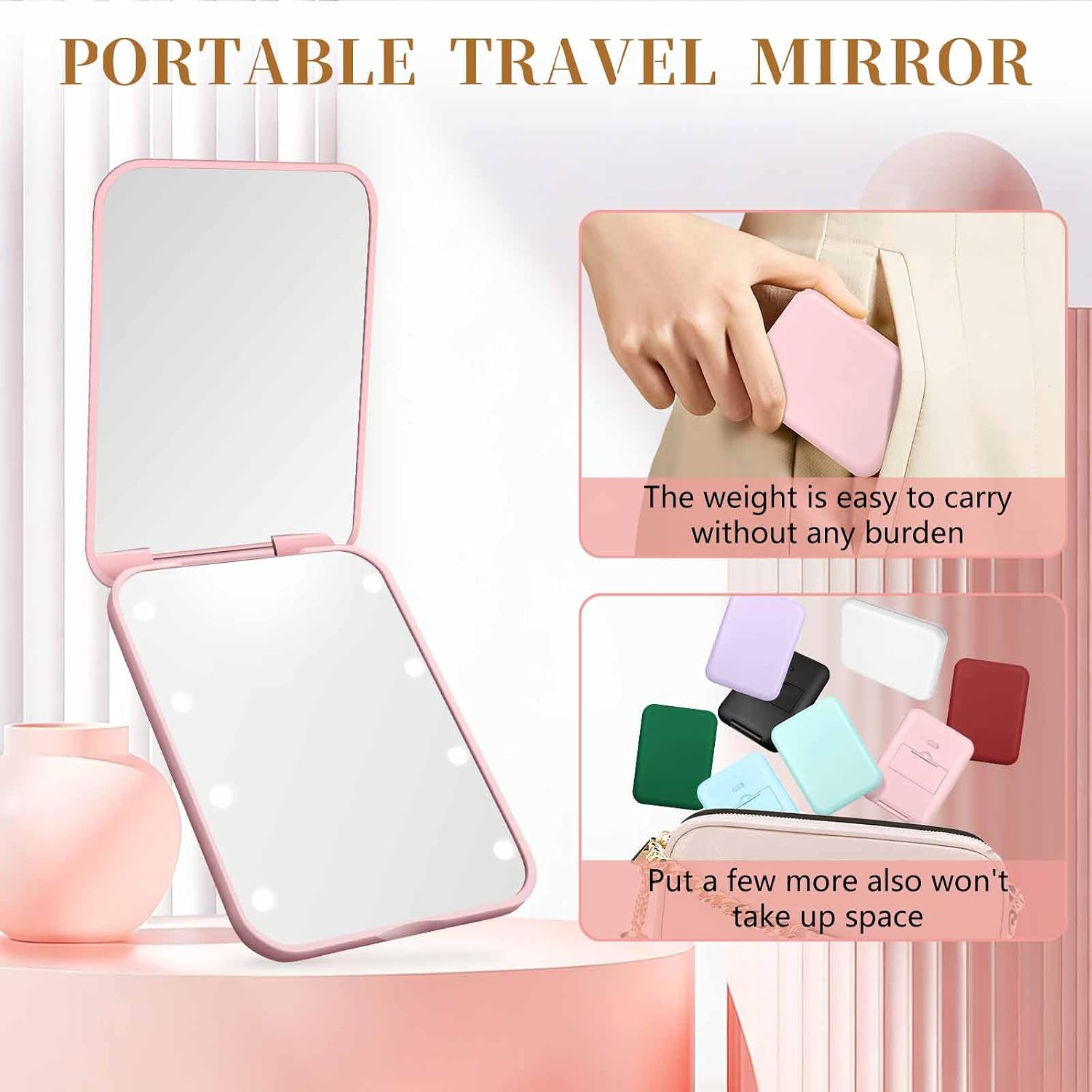 Detalle de Kakuje Compact Mirror (Pink) — 1X/3X LED Pocket Mirror with Built-In Battery