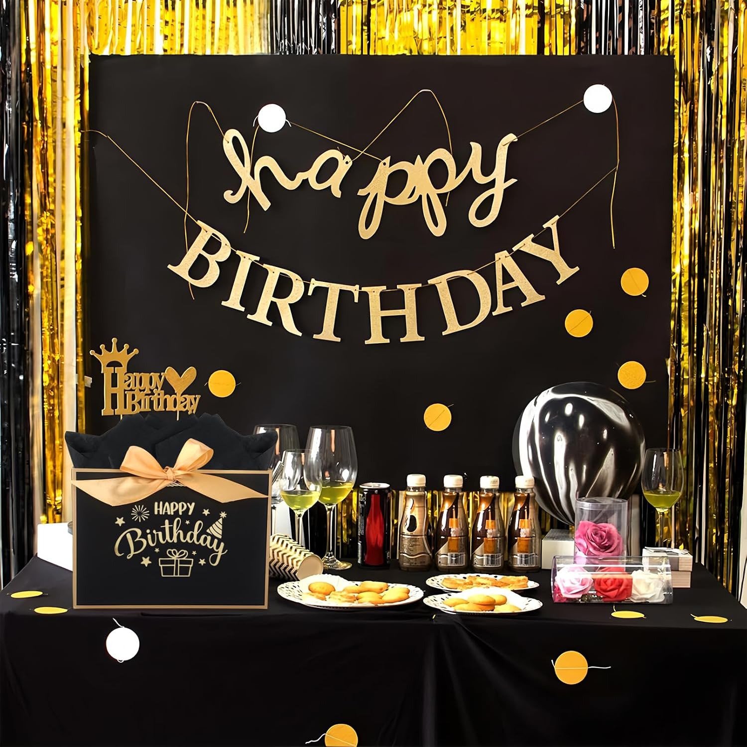 Thumbnail 6 de Black and Gold Birthday Gift Bag 11.0 × 8.0 × 4.0 inches – Happy Birthday Bag with Ribbons, 3 Tissue Papers & Card