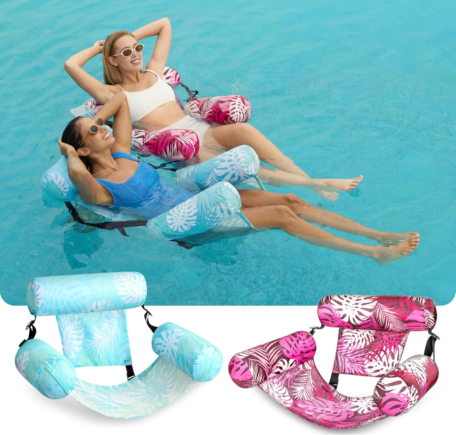 Thumbnail 1 de SLOOSH Inflatable Pool Lounge Chairs (2-Pack) with Mesh Sling & Tropical Design