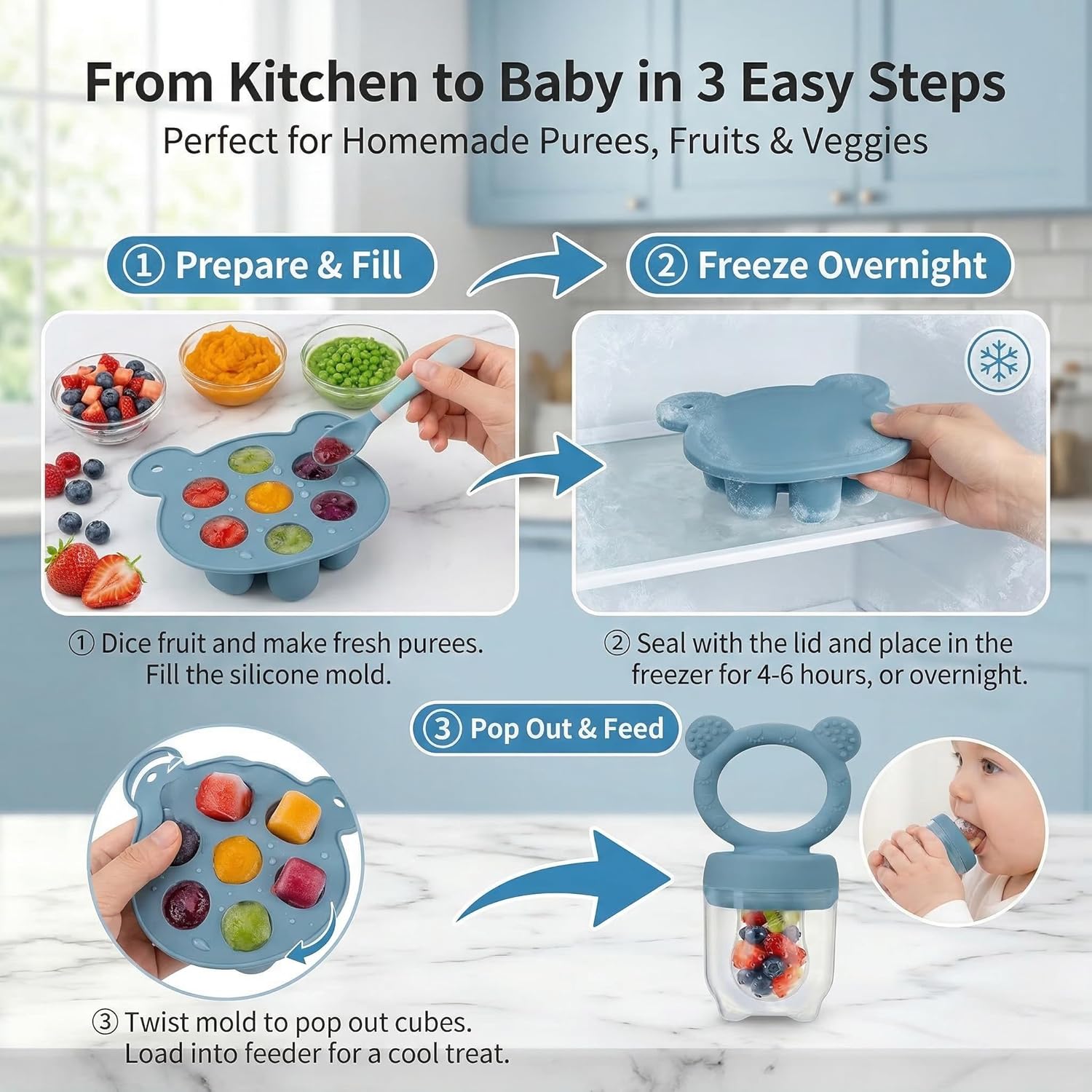 Thumbnail 5 de Silicone Baby Fruit Feeder Pacifier & Popsicle Molds – Multi-Purpose Food Storage (Blue)