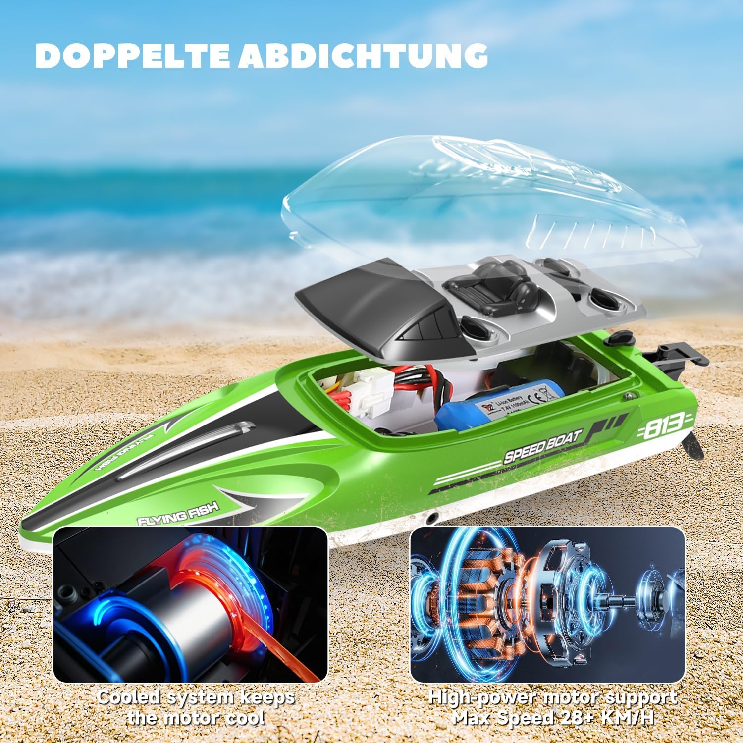 Thumbnail 5 de 30 KM/H Ferngesteuertes Boot – RC-Speedboot ab 6 Jahren (1:16) mit Dual-Akkus, wasserdicht, LED-Beleuchtung und Auto-Piloten