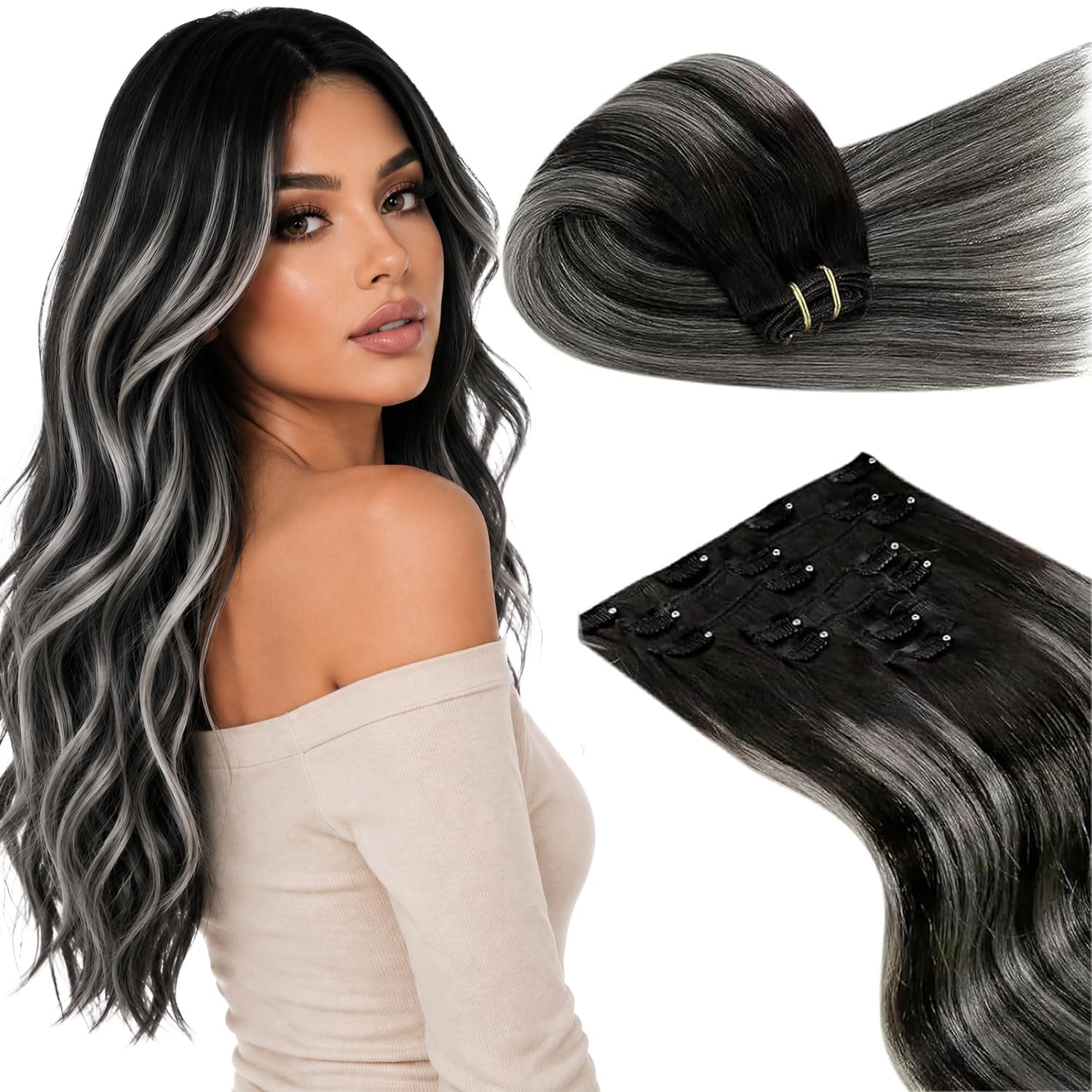 Detalle de LaaVoo 18-Inch Clip-In Human Hair Extensions, 7-Piece, Silver Grey Balayage